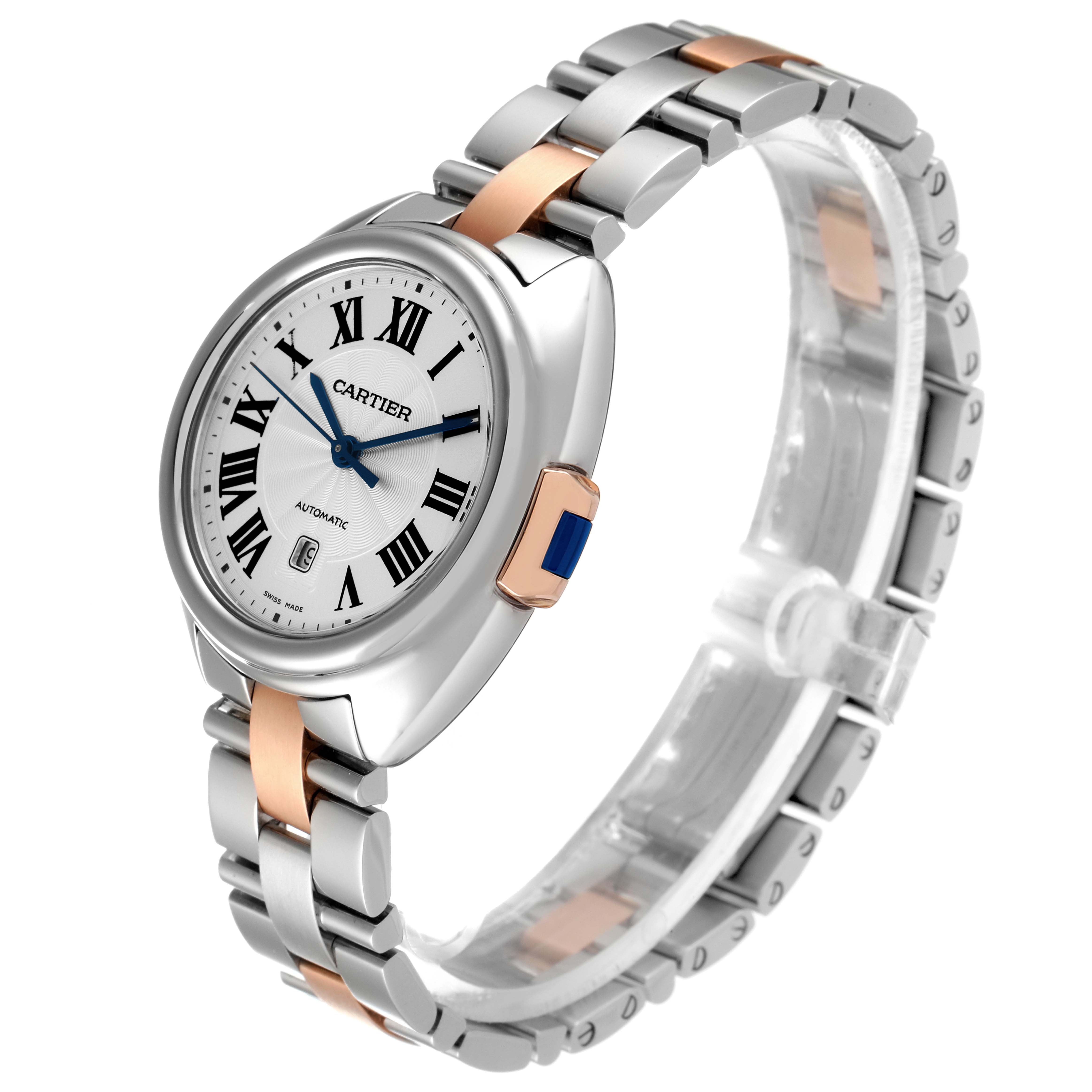 The Cartier Cle WSCL0004 Women's Steel and Gold (two tone) Blue Dial WSCL0004 Women's Steel and Gold (two tone) Blue Dial model watch is shown at a three-quarter angle, displaying its silver and rose gold bracelet and white dial with Roman numerals.
