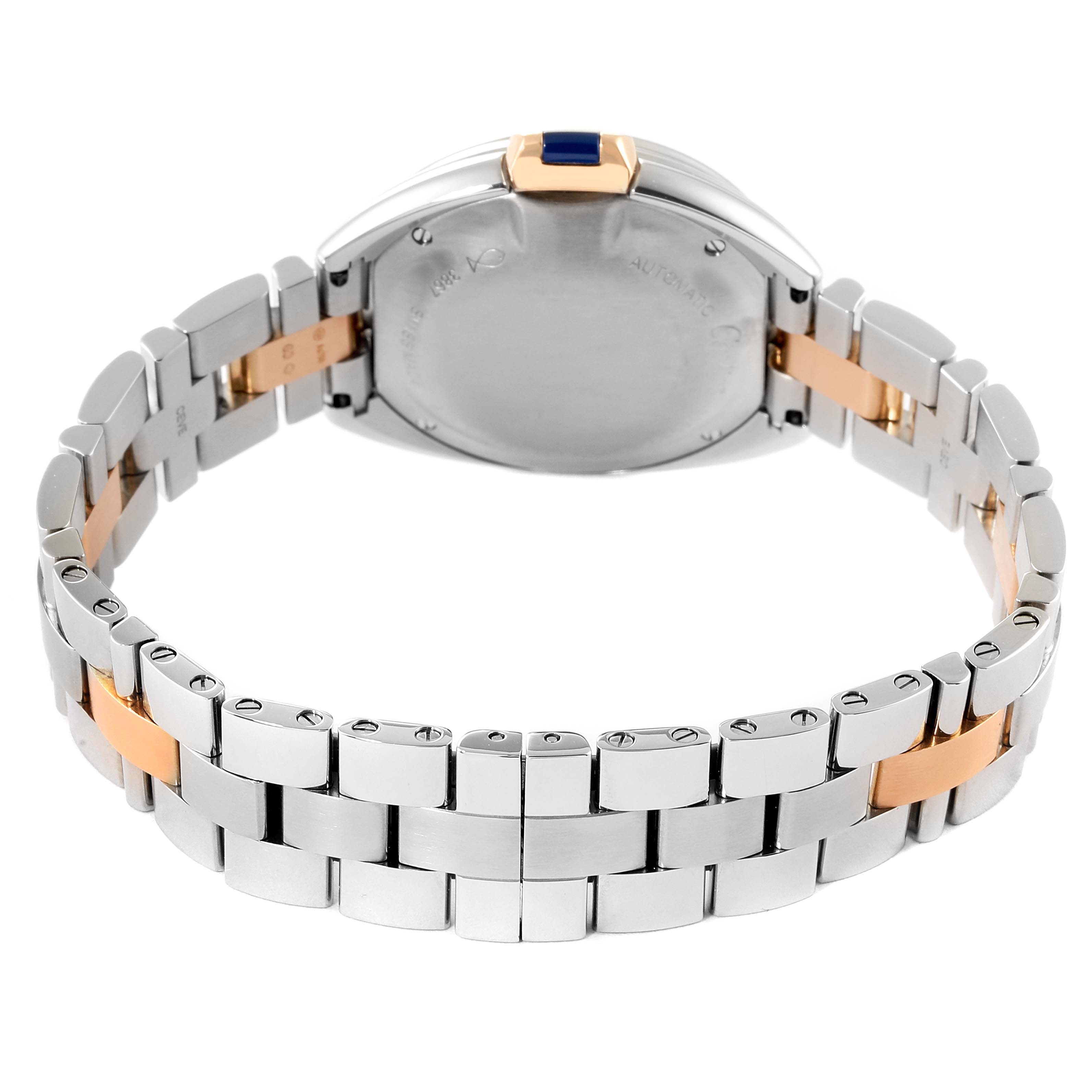 This image shows the back and bracelet of the Cartier Clé watch at an angle highlighting the two-tone metal design.