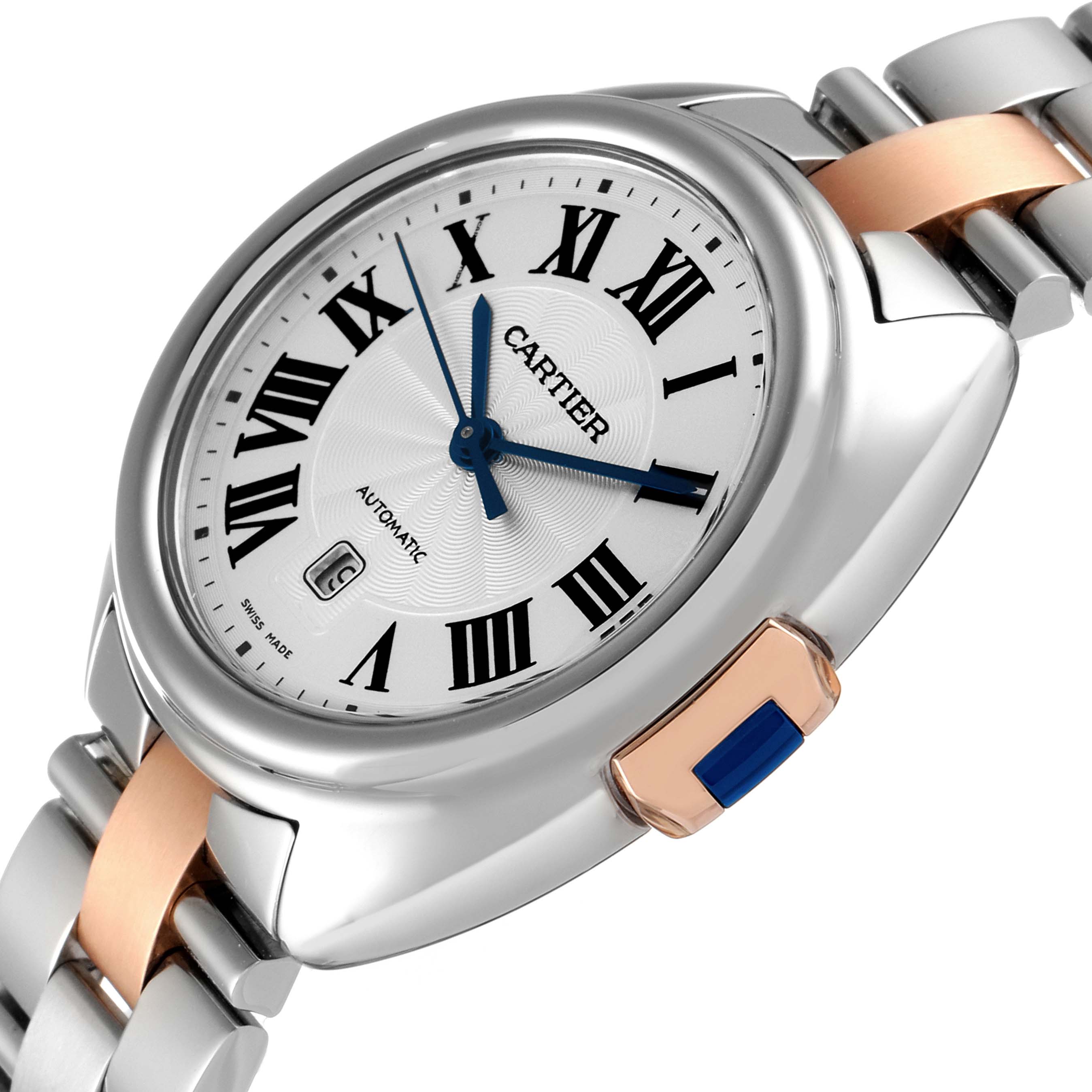 The image shows a Cartier Cle WSCL0004 Women's Steel and Gold (two tone) Blue Dial WSCL0004 Women's Steel and Gold (two tone) Blue Dial model watch at an angled close-up, highlighting the dial and partial bracelet.