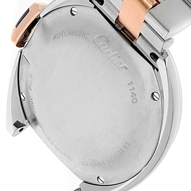 The image shows the back casing and part of the bracelet of a Cartier Cle WSCL0004 Women's Steel and Gold (two tone) Blue Dial WSCL0004 Women's Steel and Gold (two tone) Blue Dial model watch.