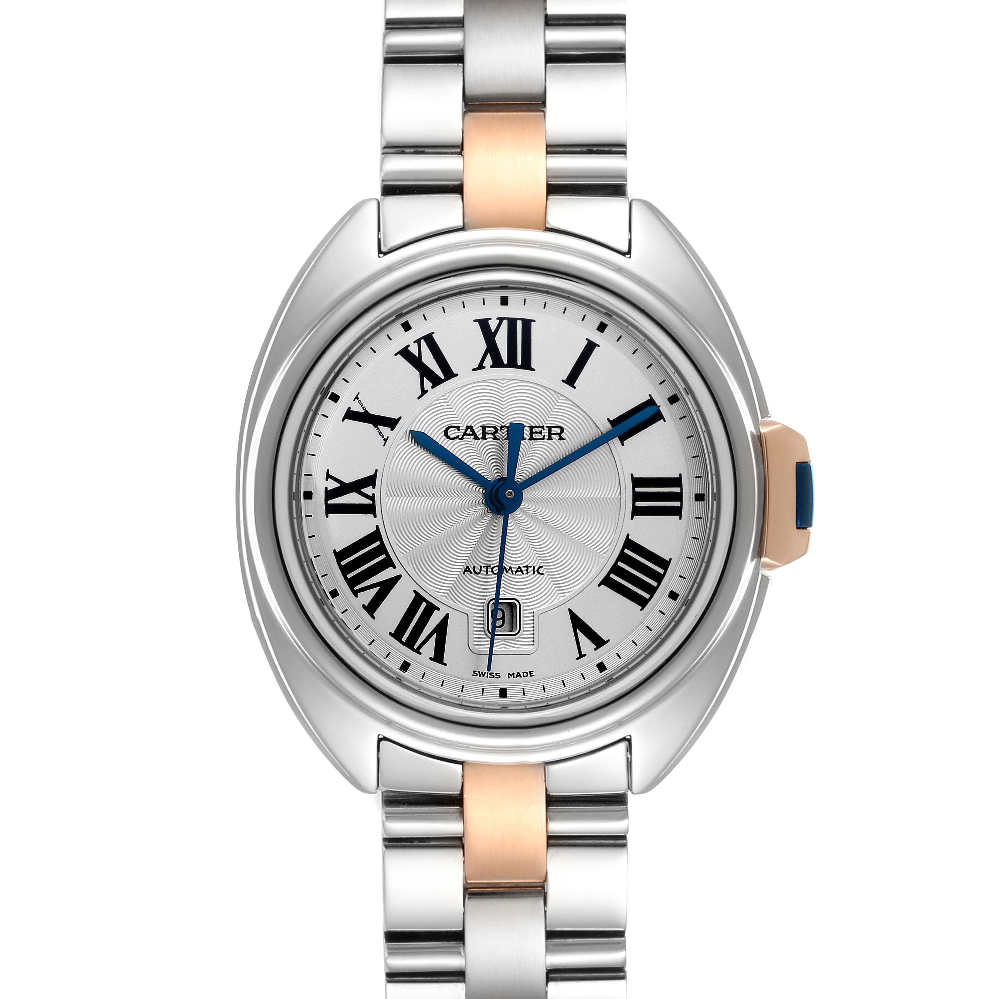 The Cartier Cle WSCL0004 Women's Steel and Gold (two tone) Blue Dial WSCL0004 Women's Steel and Gold (two tone) Blue Dial model watch is shown from a front angle, displaying the face, bracelet, and crown.