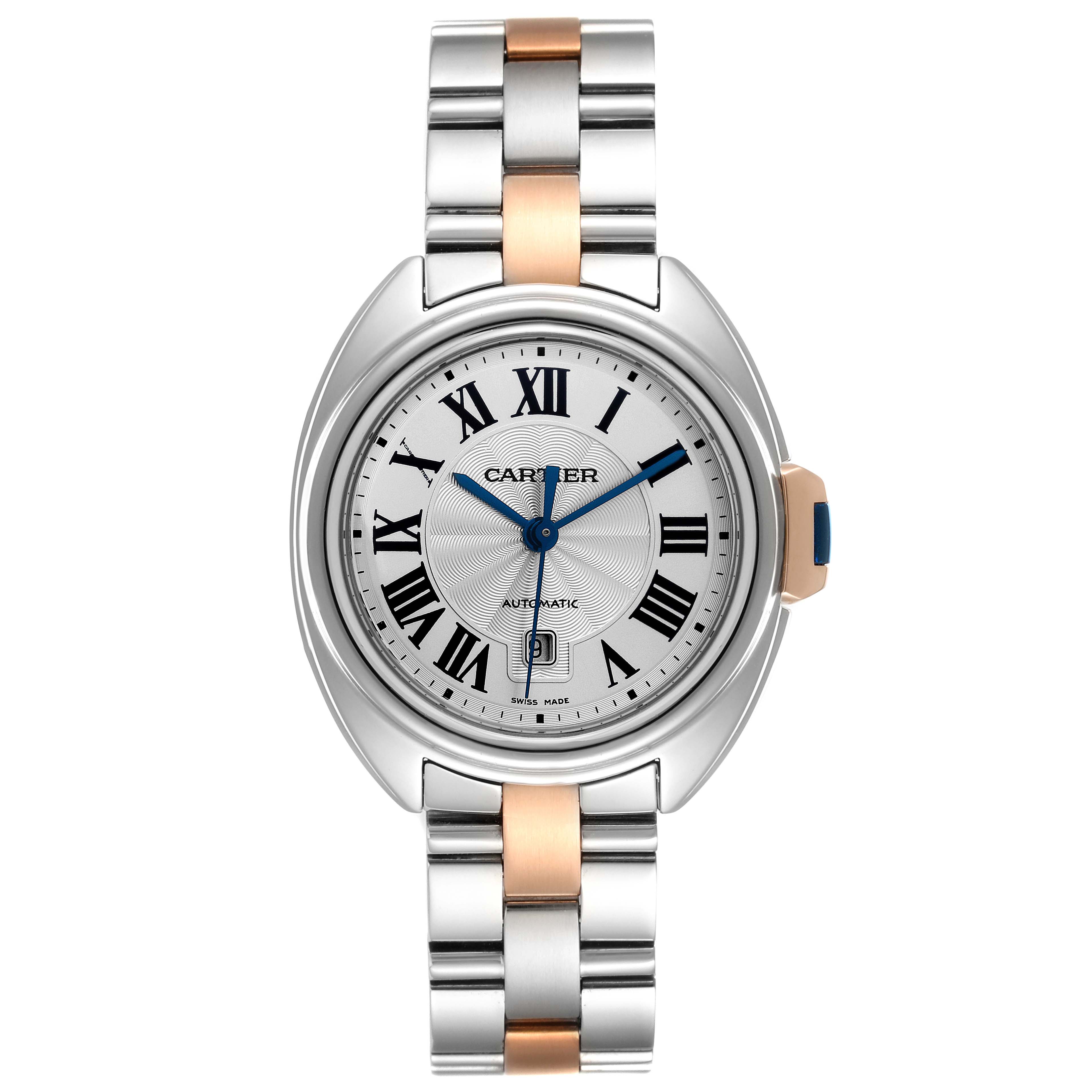 The image shows a front view of the Cartier Clé model watch, featuring a silver dial with Roman numerals and a two-tone bracelet.