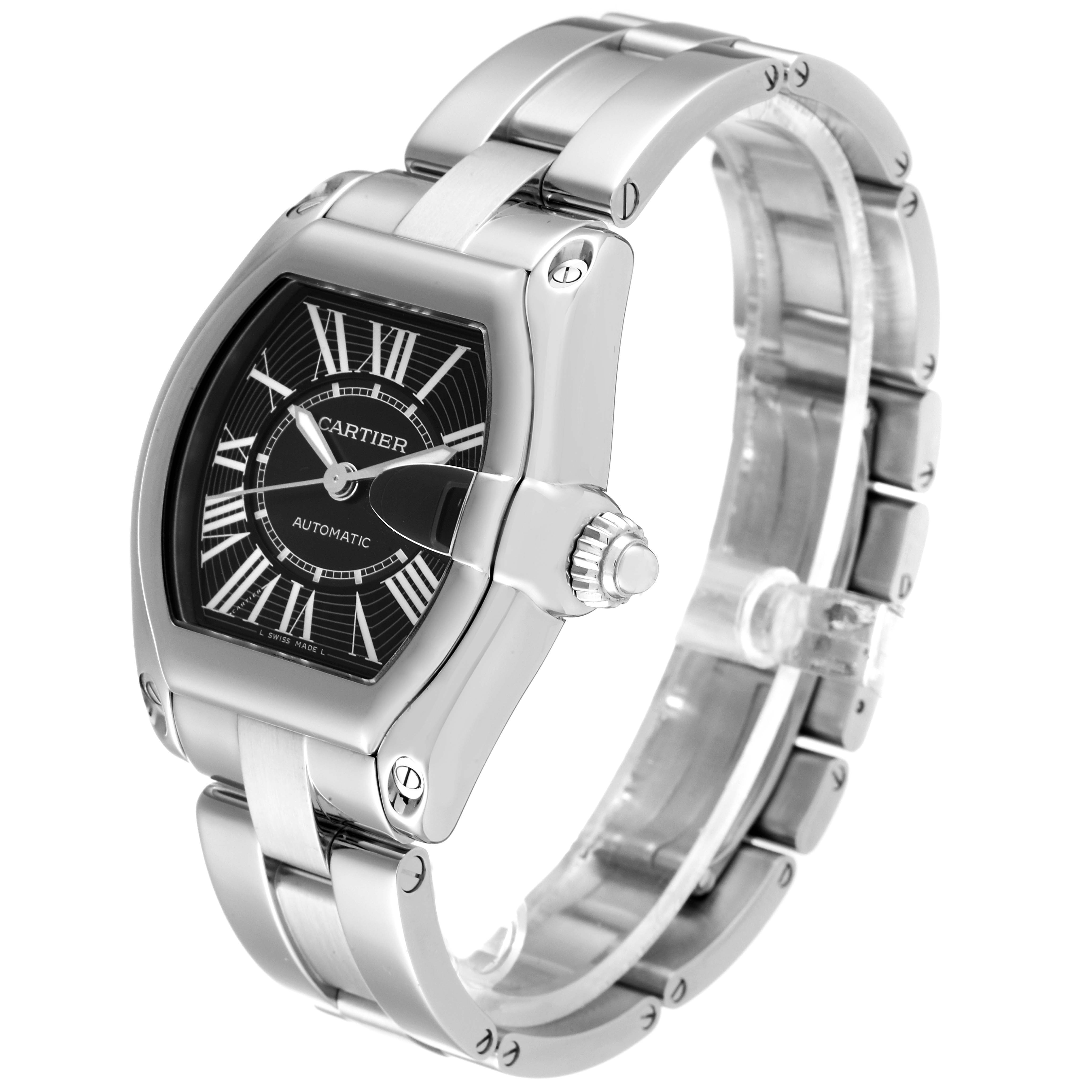 This image shows a Cartier Roadster W62041V3 Men's Stainless Steel Black Dial W62041V3 Men's Stainless Steel Black Dial model watch at an angle highlighting its face, bracelet, and crown.