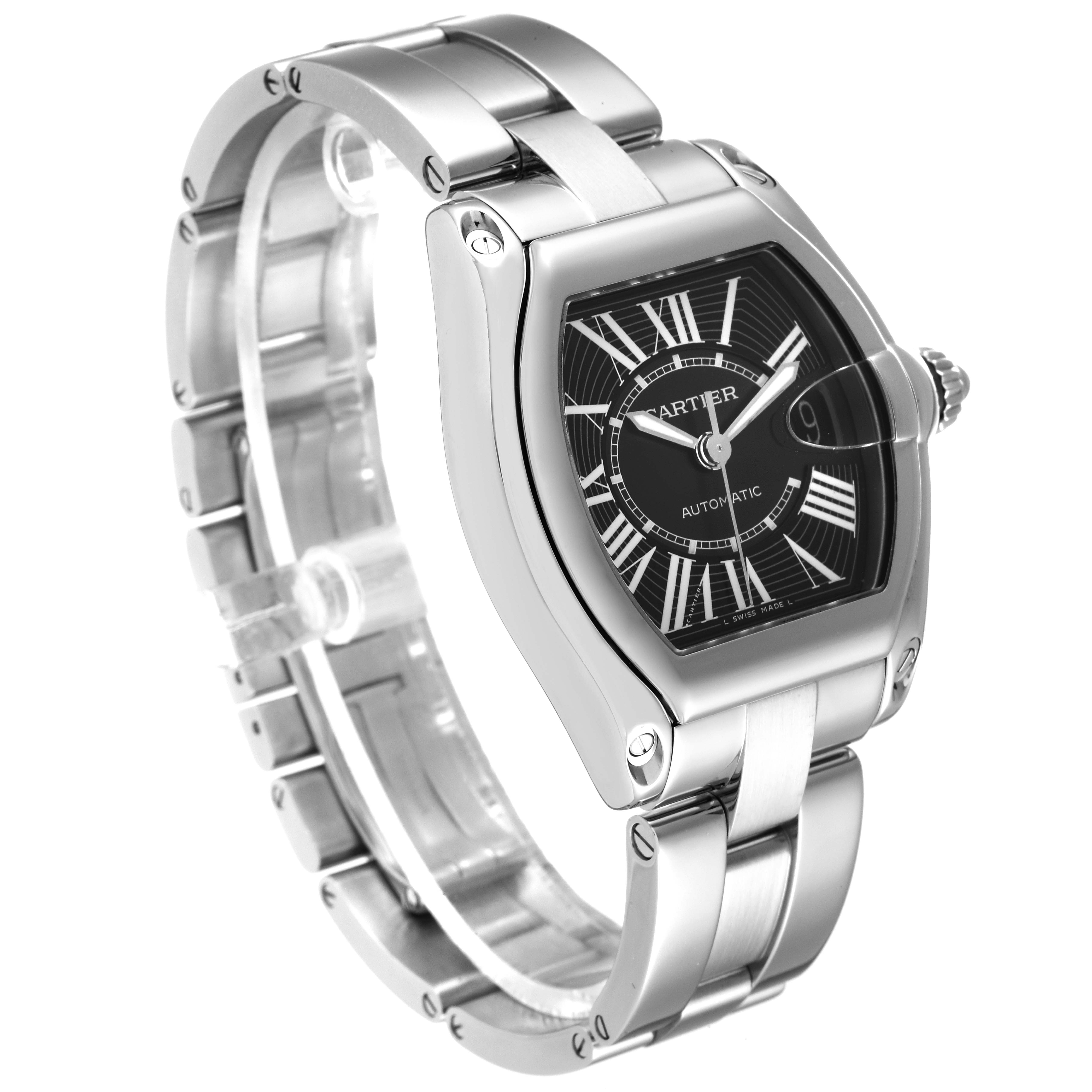 The image shows a Cartier Roadster W62041V3 Men's Stainless Steel Black Dial W62041V3 Men's Stainless Steel Black Dial watch at a three-quarter angle, displaying the face, crown, and stainless steel bracelet.