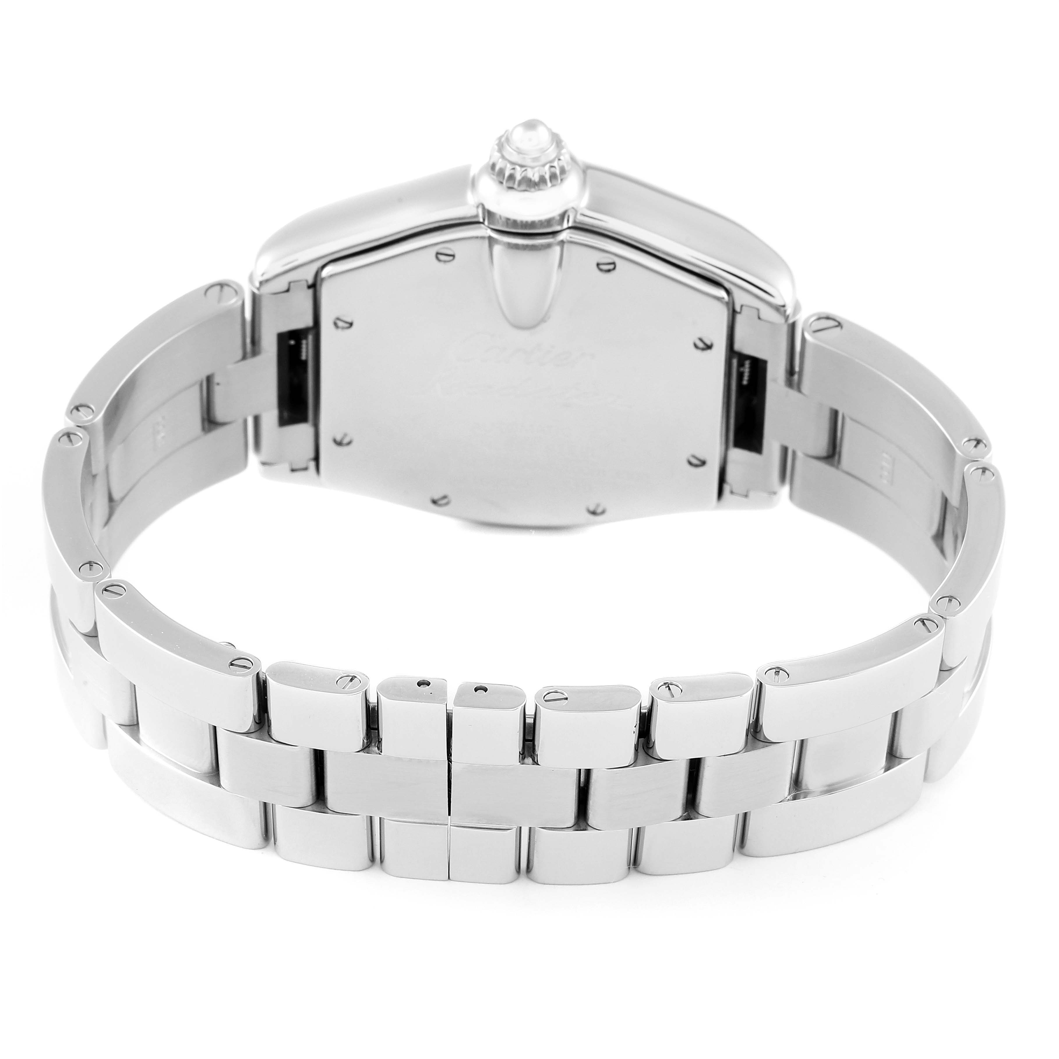 The image shows the back and bracelet of a Cartier Roadster W62041V3 Men's Stainless Steel Black Dial W62041V3 Men's Stainless Steel Black Dial watch, highlighting the stainless steel case, crown, and links.