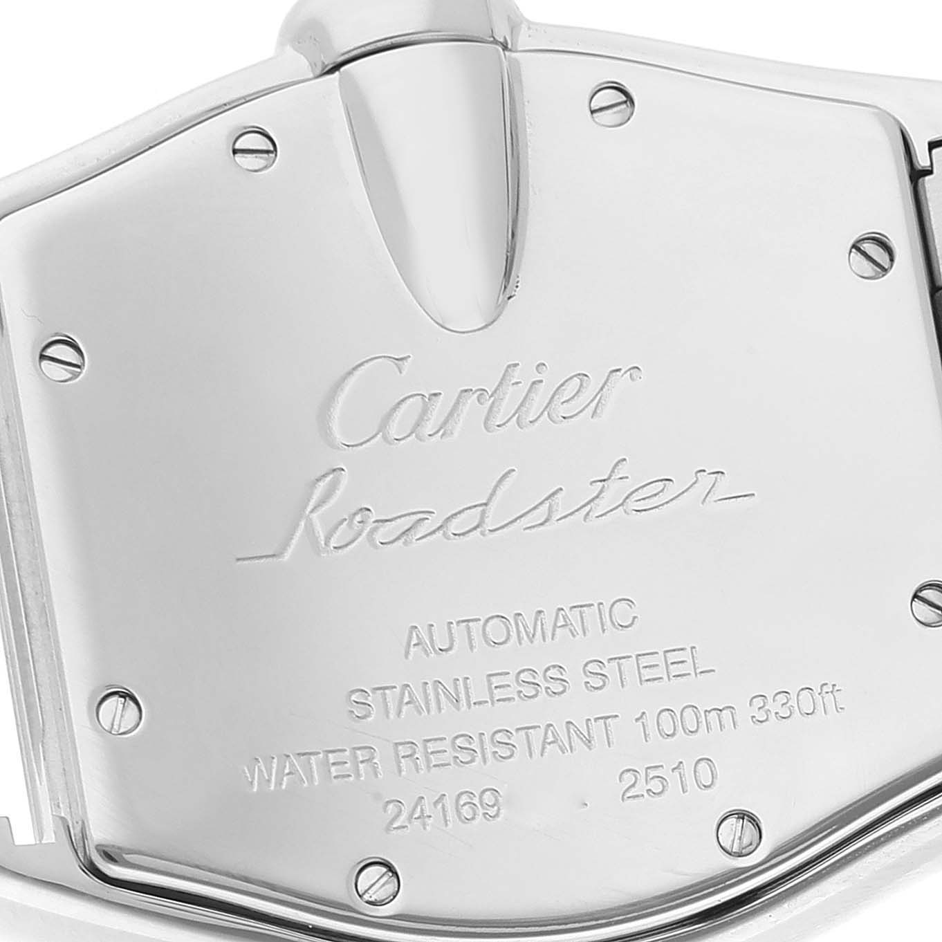 This image shows the back case of a Cartier Roadster W62041V3 Men's Stainless Steel Black Dial W62041V3 Men's Stainless Steel Black Dial watch, featuring engraved details.