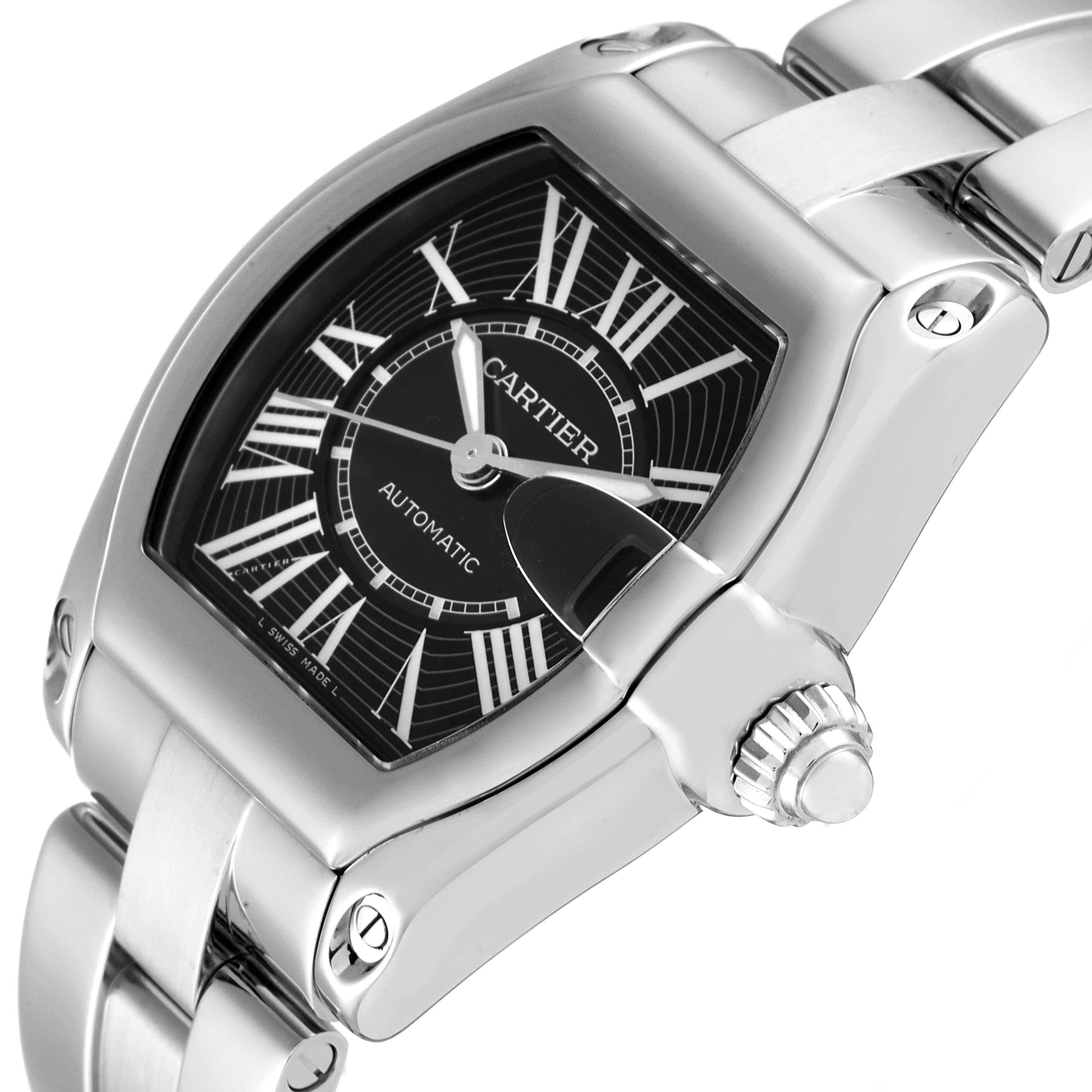 The Cartier Roadster W62041V3 Men's Stainless Steel Black Dial W62041V3 Men's Stainless Steel Black Dial watch is shown at an angle focusing on the face, crown, and part of the stainless steel bracelet.
