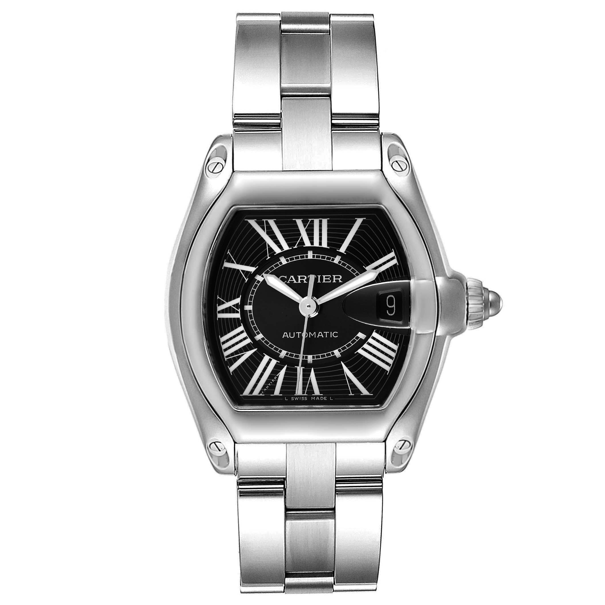 This image shows a frontal view of the Cartier Roadster W62041V3 Men's Stainless Steel Black Dial W62041V3 Men's Stainless Steel Black Dial automatic watch, highlighting its dial, bracelet, and crown.