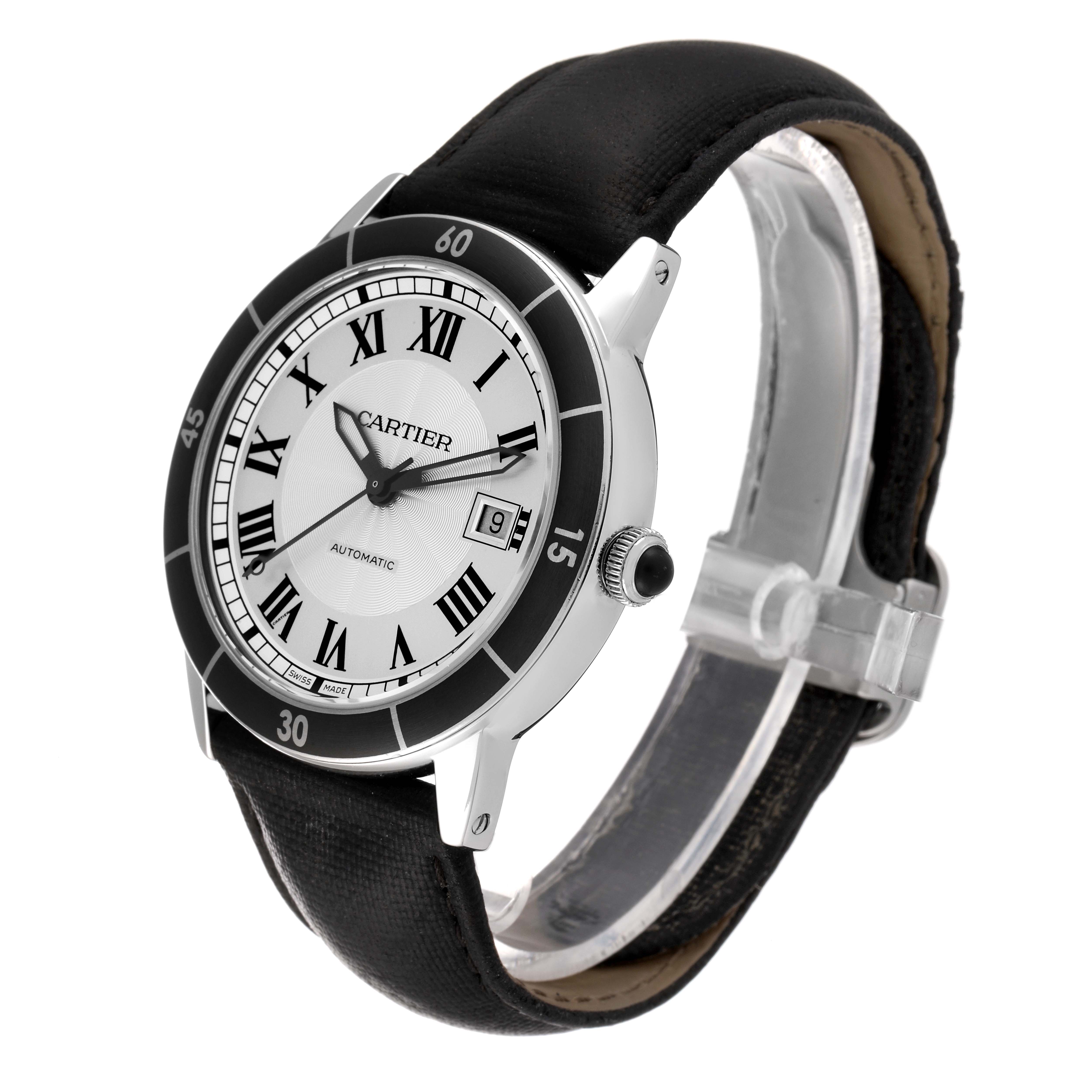 The image shows a Cartier Ronde WSRN0002 Men
s Stainless Steel Silver Dial WSRN0002 Men
s Stainless Steel Silver Dial model watch at a slight angle, highlighting the dial, bezel, crown, and black leather strap.