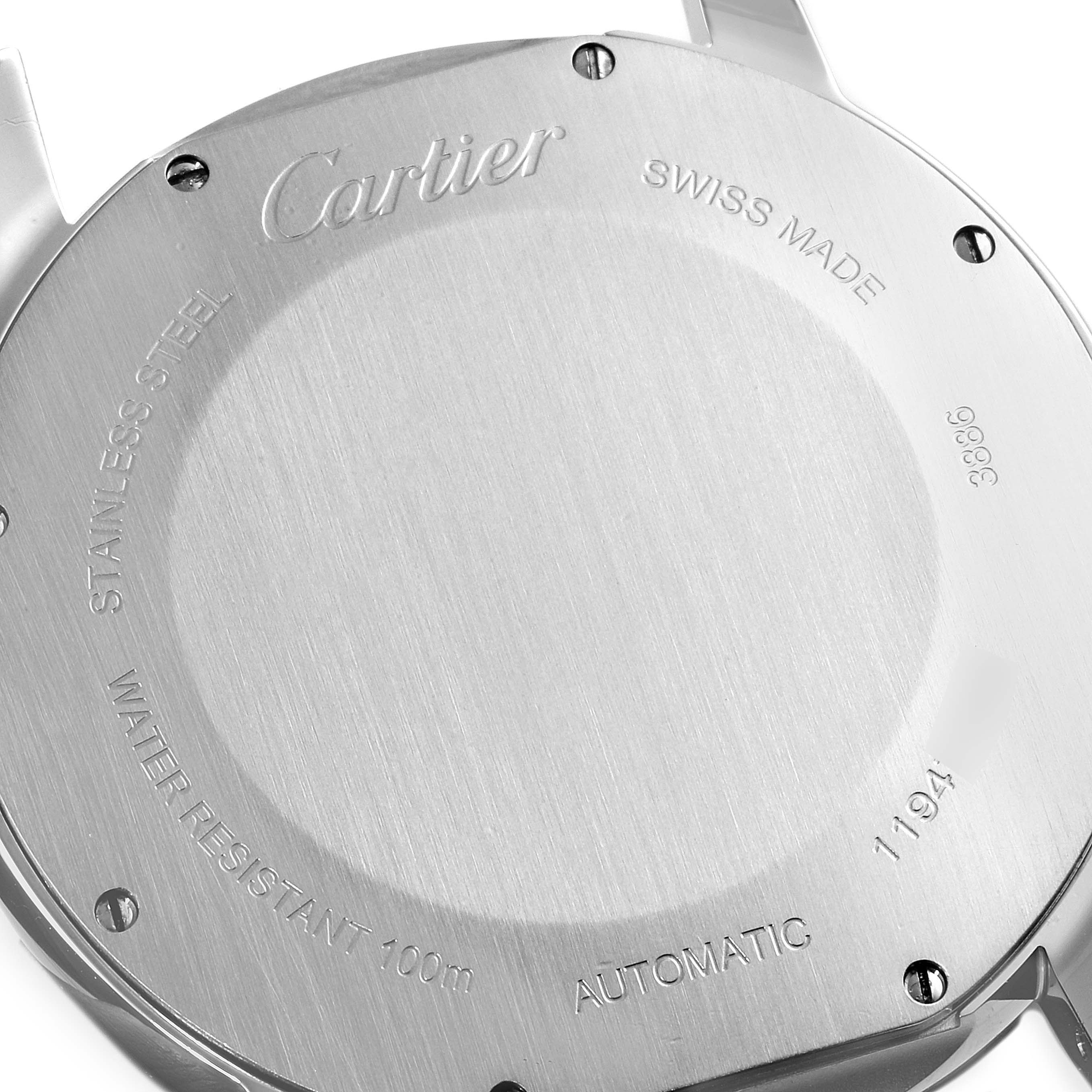This image shows the back case of a Ronde model by Cartier, highlighting details like "Swiss Made" and "Automatic."