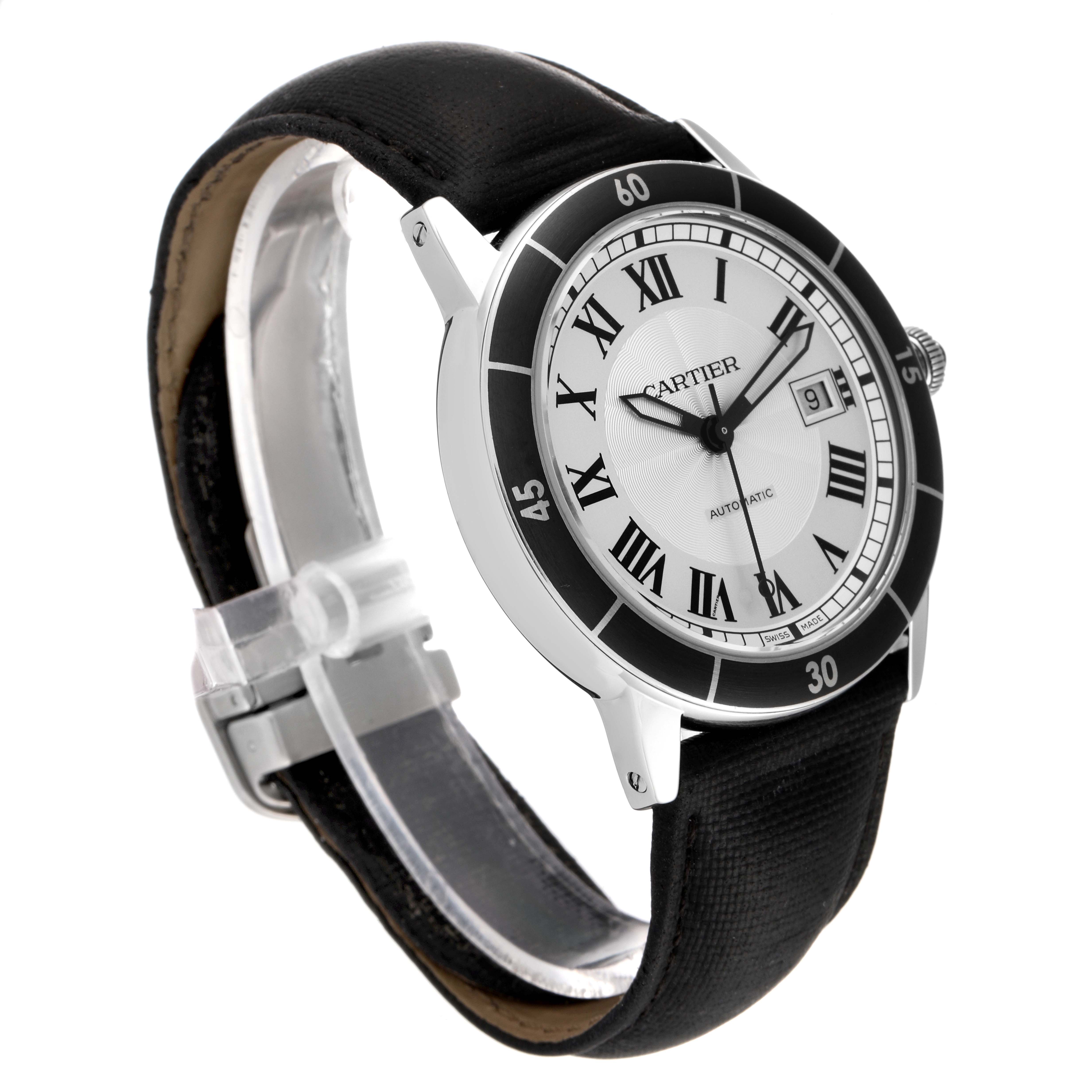 The image shows a side view of the Cartier Ronde WSRN0002 Men
s Stainless Steel Silver Dial WSRN0002 Men
s Stainless Steel Silver Dial watch, highlighting its face, bezel, crown, and black strap.