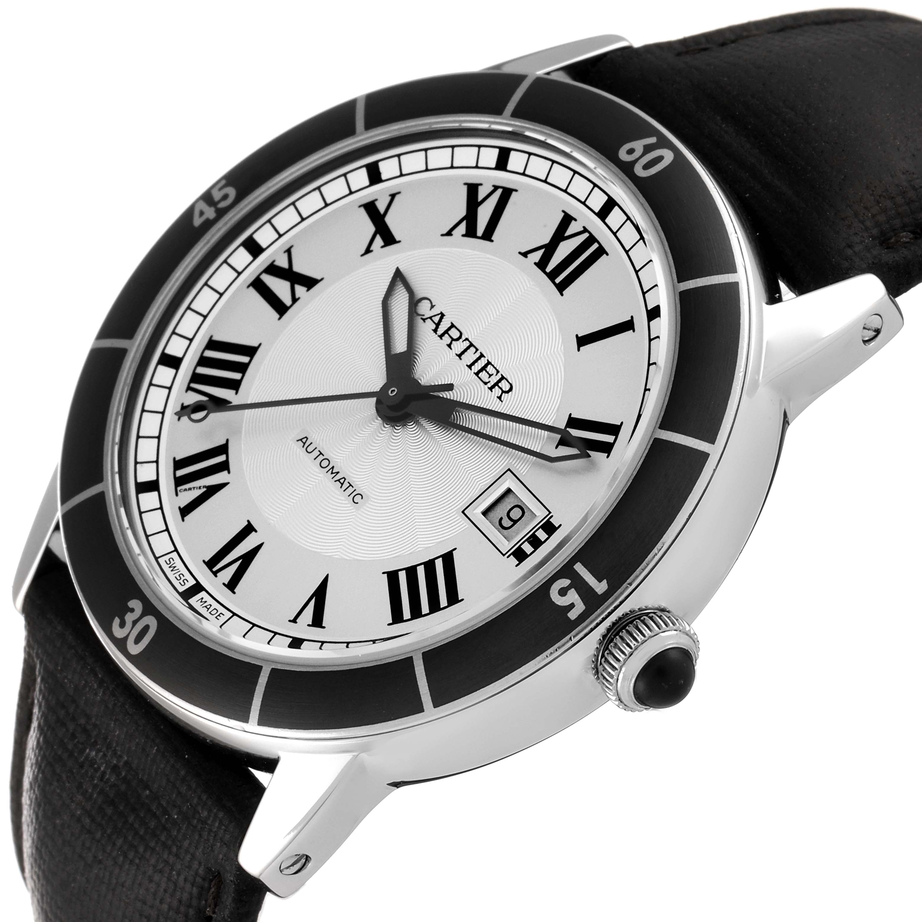 This image shows a close-up side angle of the Ronde model by Cartier, highlighting the dial, bezel, crown, and part of the strap.