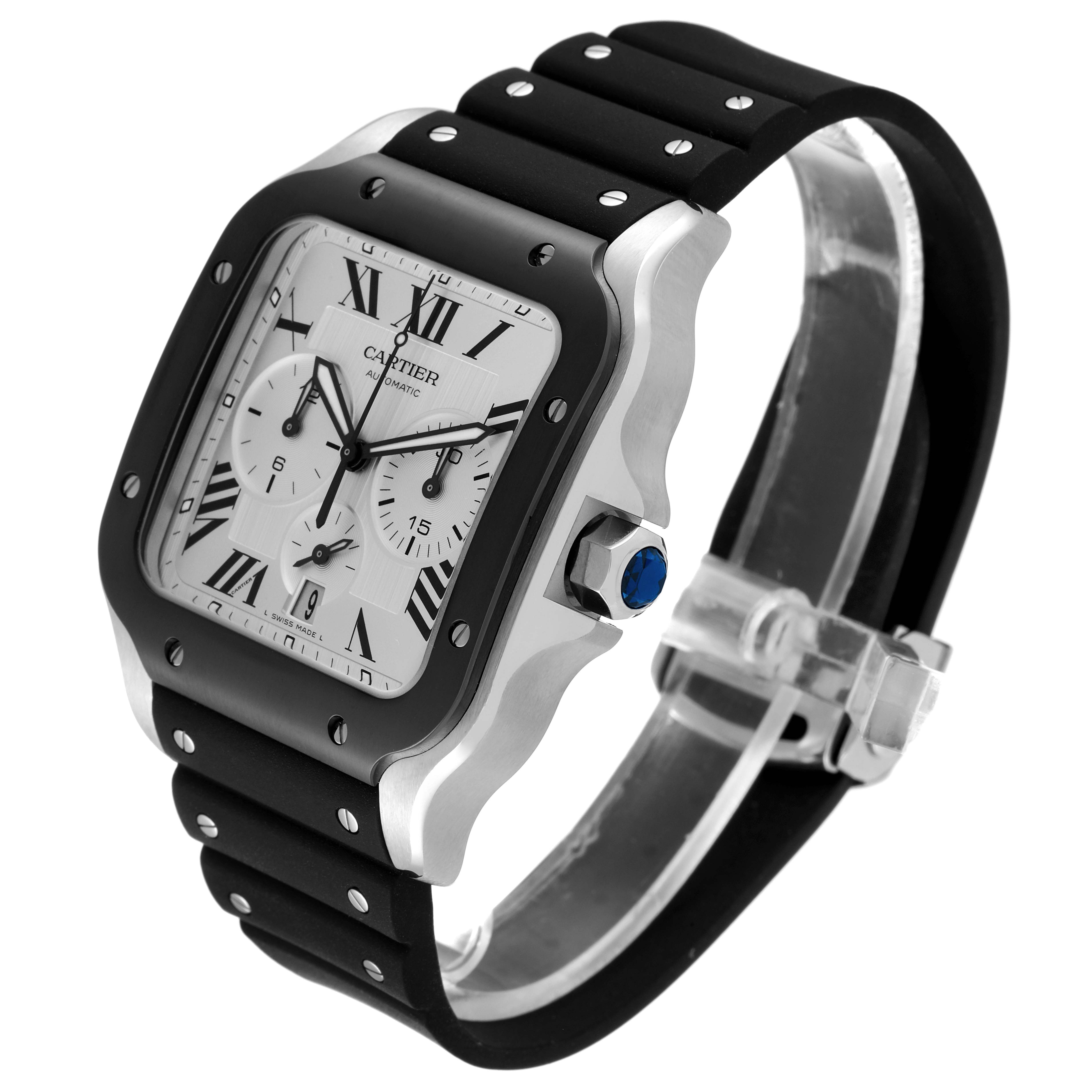 The Cartier Santos WSSA0017 Men's Stainless Steel Silver Dial WSSA0017 Men's Stainless Steel Silver Dial watch is shown at a slight side angle, revealing the face, bezel, crown, and a portion of the strap.