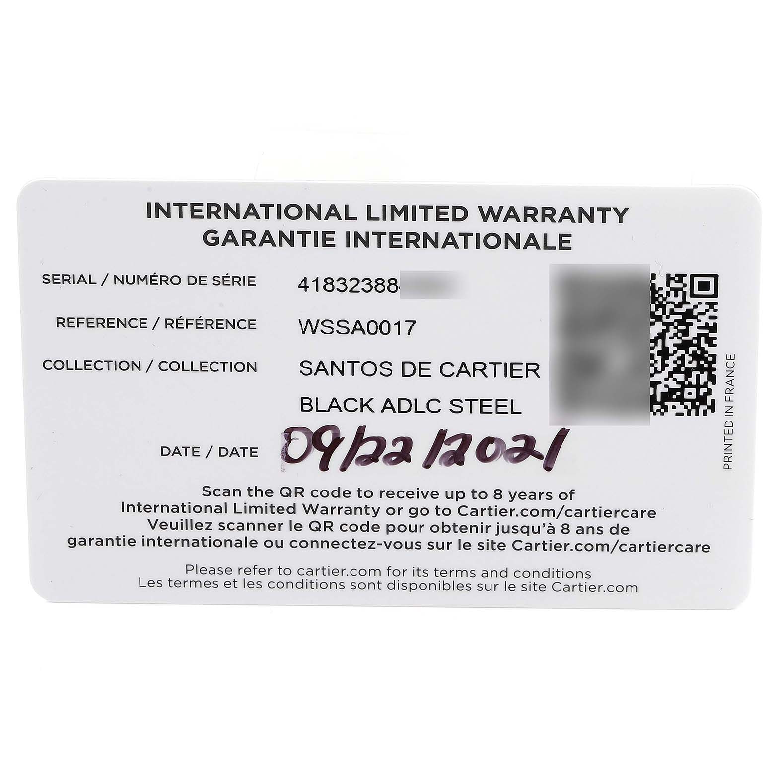 This is a straight-on view of the International Limited Warranty card for a Santos de Cartier watch, model WSSA0017, in black ADLC steel.