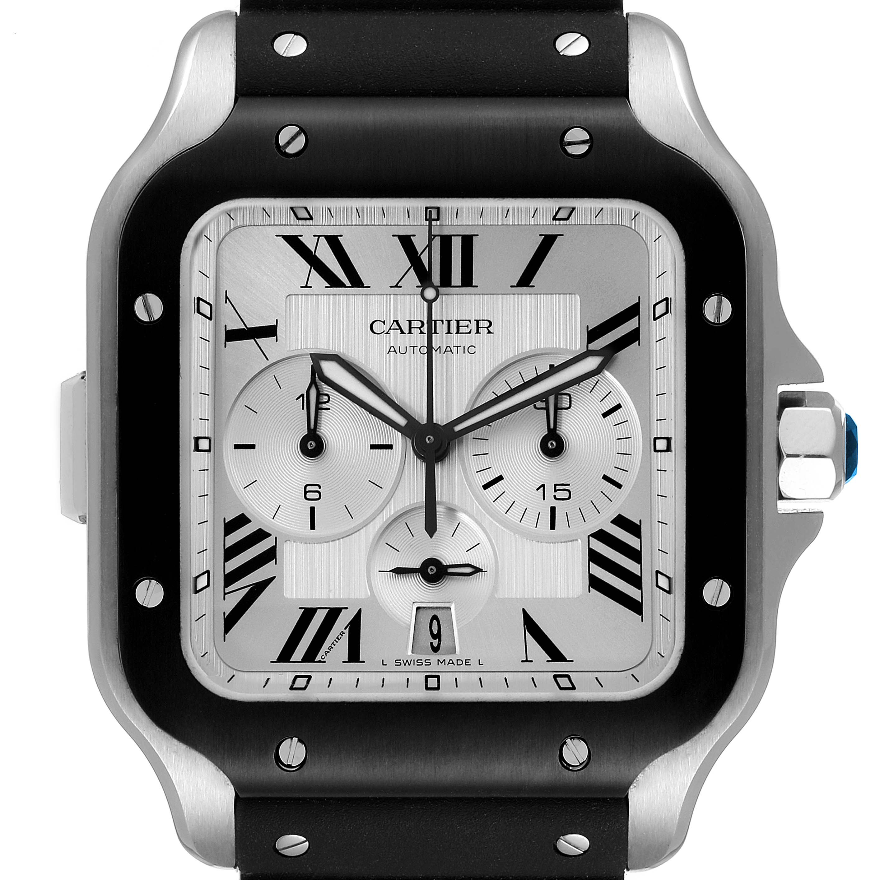 The image shows a frontal view of a Cartier Santos WSSA0017 Men's Stainless Steel Silver Dial WSSA0017 Men's Stainless Steel Silver Dial watch featuring its face, bezel, and part of the strap.