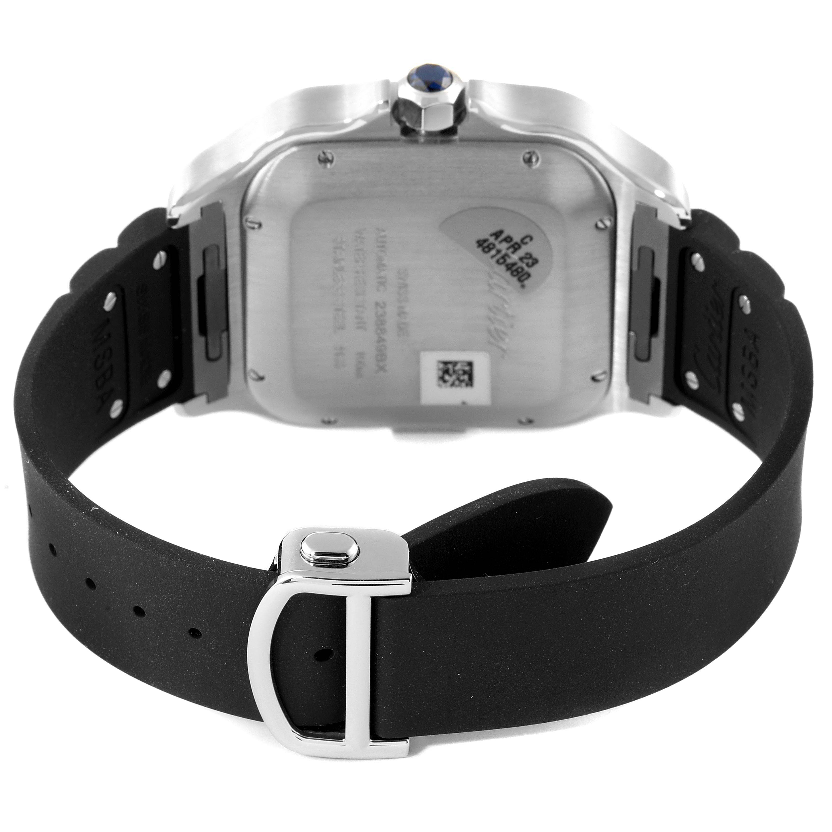 The image shows the back of a Cartier Santos WSSA0017 Men's Stainless Steel Silver Dial WSSA0017 Men's Stainless Steel Silver Dial watch with its case back, crown, and black rubber strap.