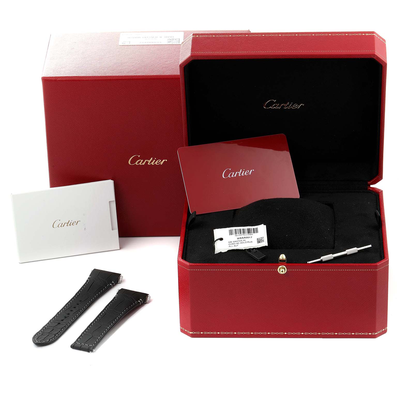The image shows a red Cartier box for the Santos model, including straps, a tool, and documentation.