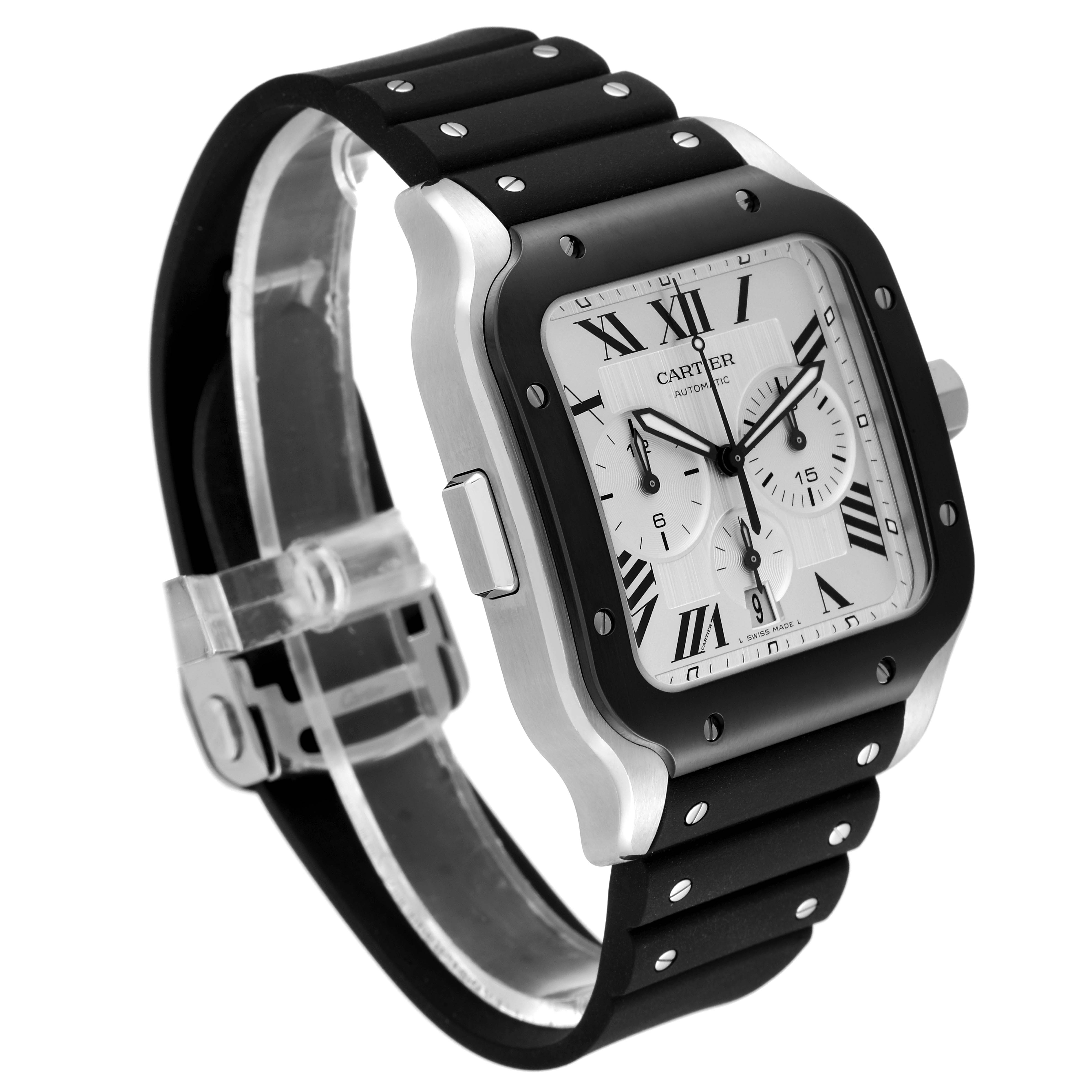 This image shows a Cartier Santos WSSA0017 Men's Stainless Steel Silver Dial WSSA0017 Men's Stainless Steel Silver Dial watch displaying the face, bezel, and strap at a three-quarter angle.