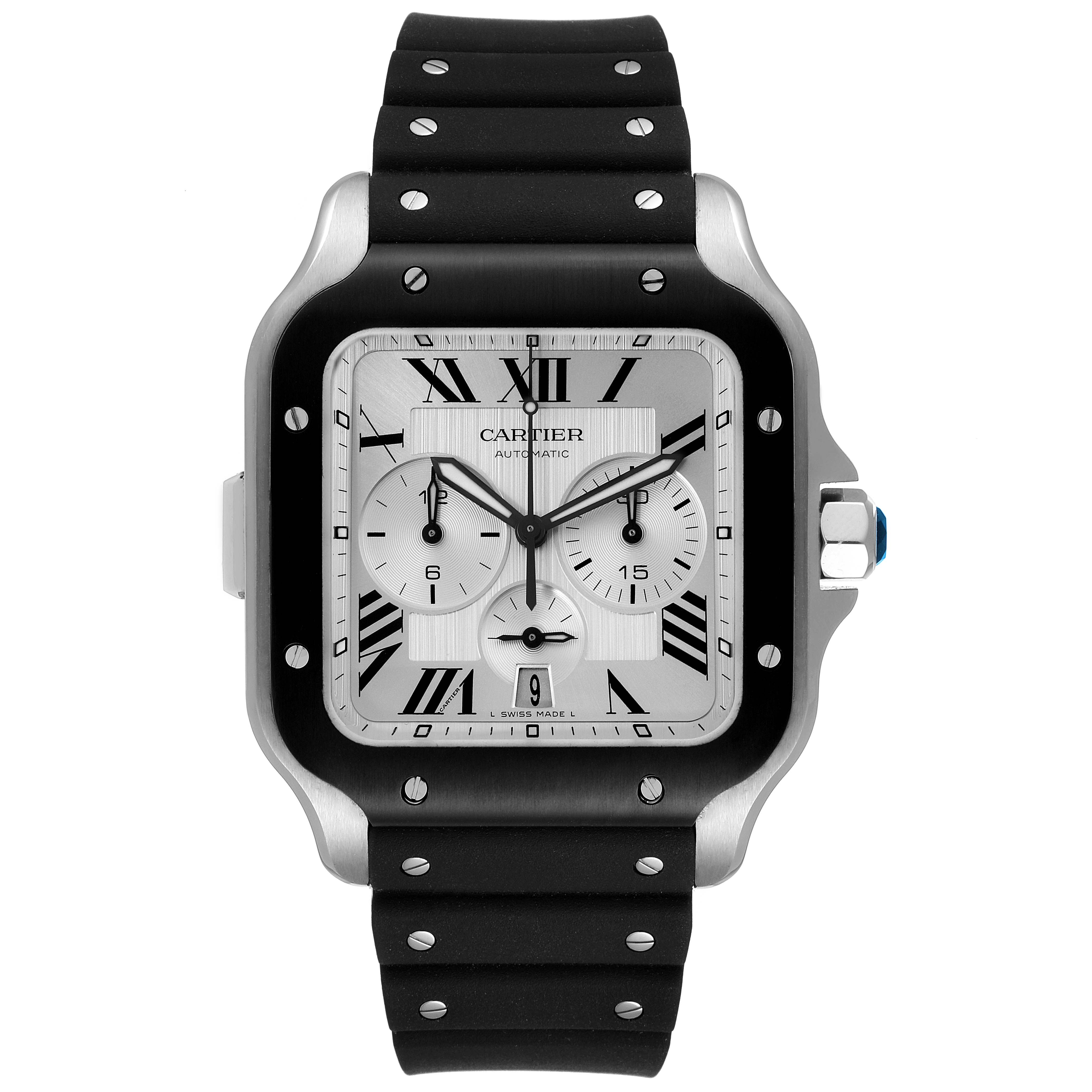 This Cartier Santos WSSA0017 Men's Stainless Steel Silver Dial WSSA0017 Men's Stainless Steel Silver Dial watch is shown from the front, highlighting its face, rubber strap, and detailing.