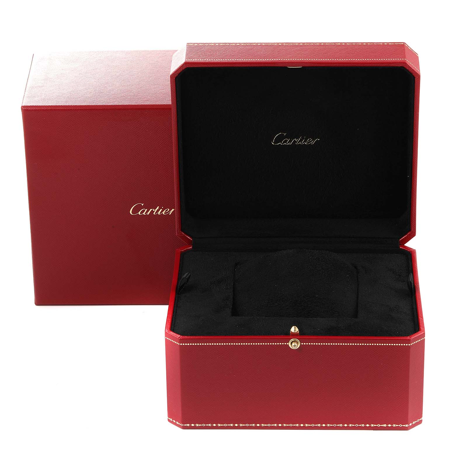 The image shows an open red box and its outer case for a Cartier Tank Americaine W2607456 Women's Rose Gold Silver Dial W2607456 Women's Rose Gold Silver Dial watch, revealing the interior.