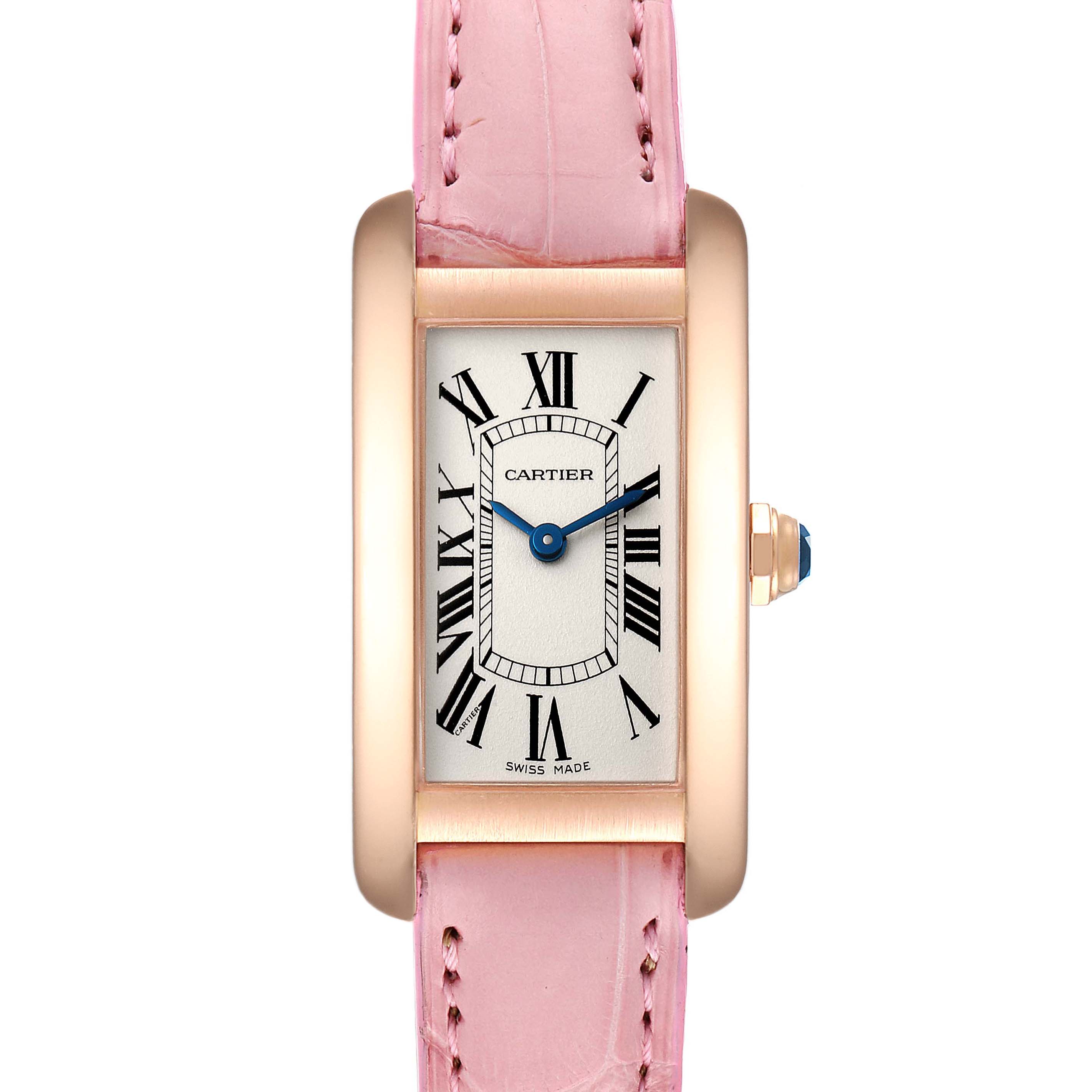 This image shows a frontal view of the Cartier Tank Americaine W2607456 Women's Rose Gold Silver Dial W2607456 Women's Rose Gold Silver Dial watch, featuring a pink leather strap and a gold case.
