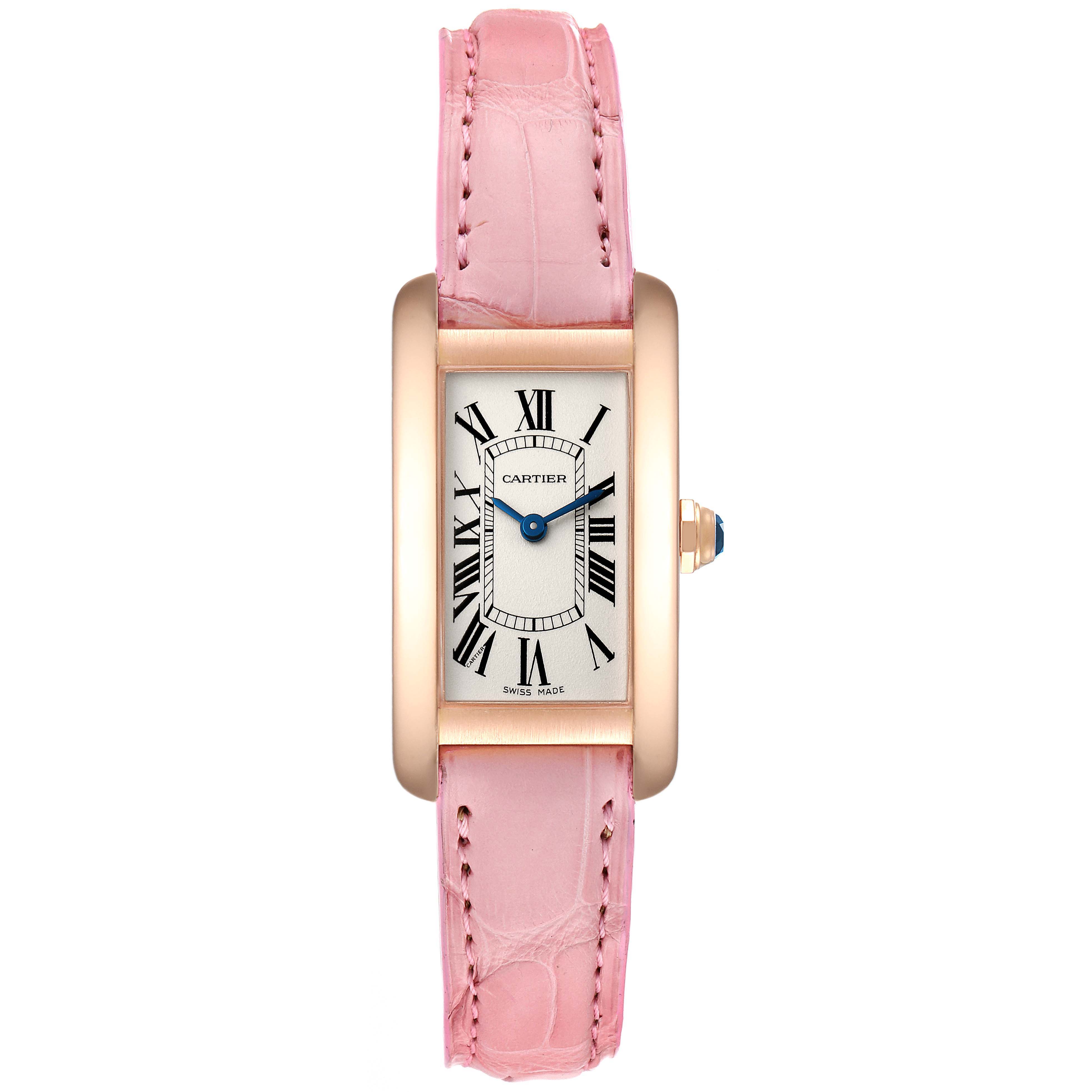 This is a front view of the Cartier Tank Américaine watch showing its rectangular face, Roman numerals, and pink leather strap.