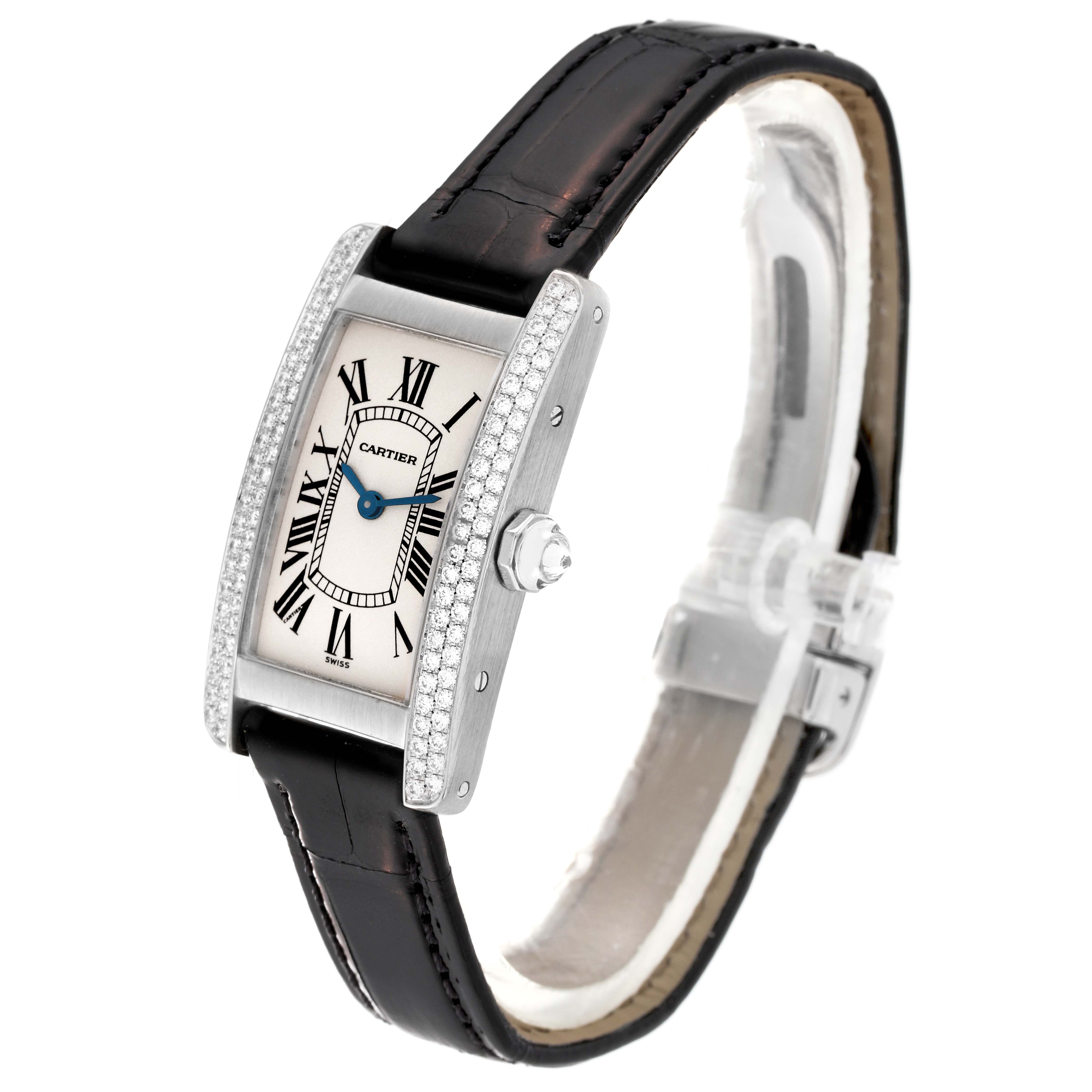 The image shows a side angle view of a Cartier Tank Américaine watch, highlighting its face, bezel, and black leather strap.