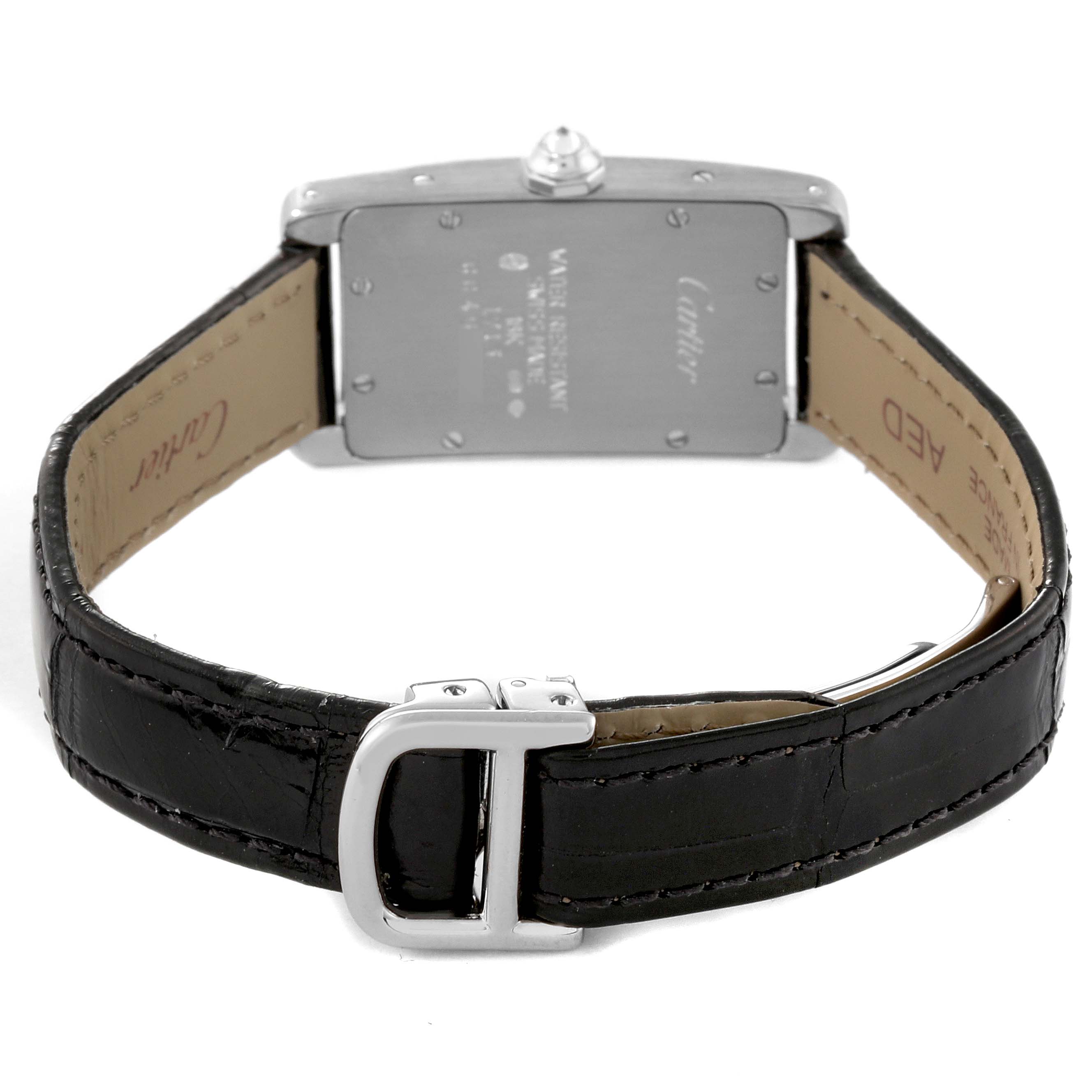 The image shows the back and strap of a Cartier Tank Americaine WB701851 Women's White Gold Silver Dial WB701851 Women's White Gold Silver Dial watch, highlighting the buckle and case back.