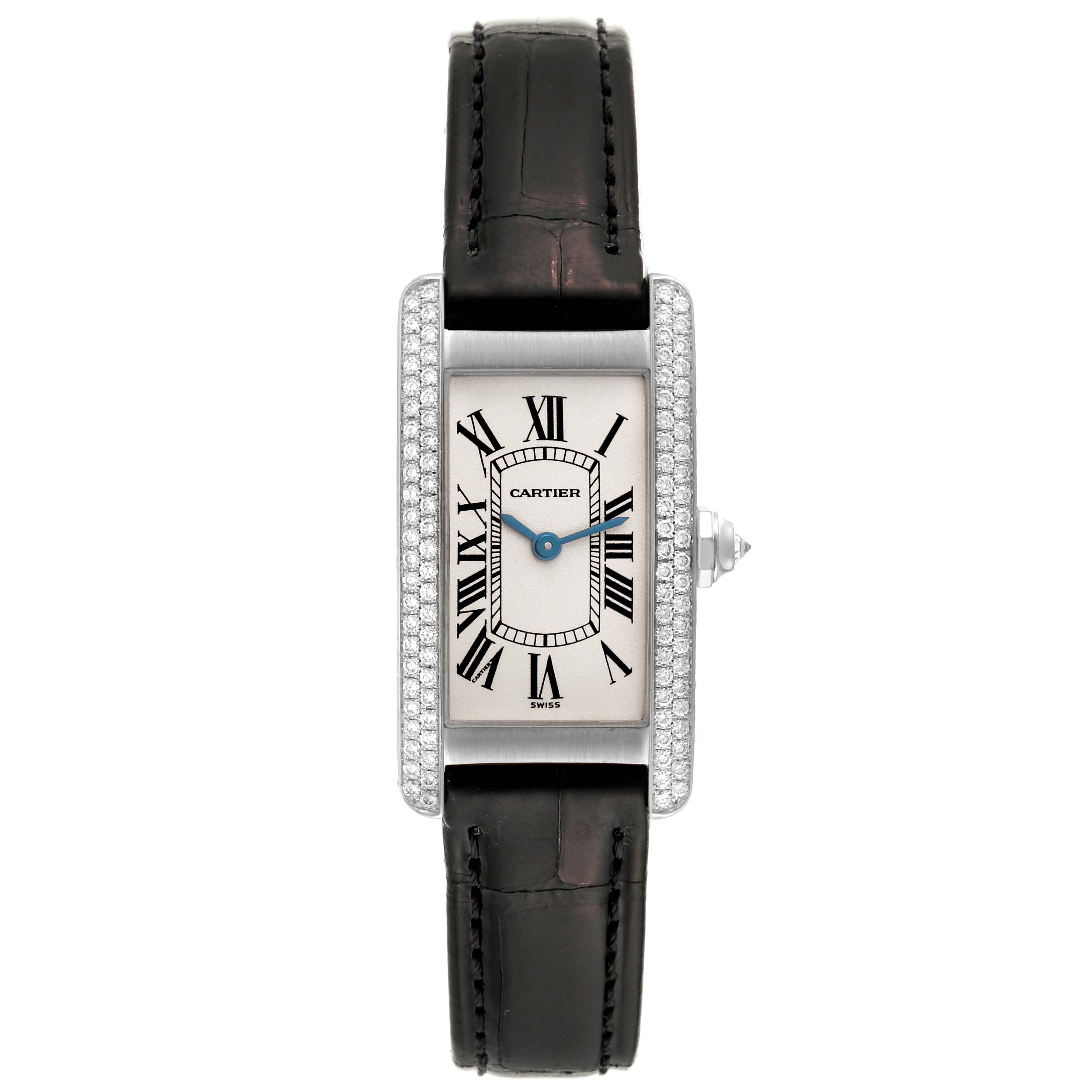 The image shows a frontal view of the Cartier Tank Americaine WB701851 Women's White Gold Silver Dial WB701851 Women's White Gold Silver Dial watch, highlighting its rectangular face, Roman numeral markers, and leather strap.