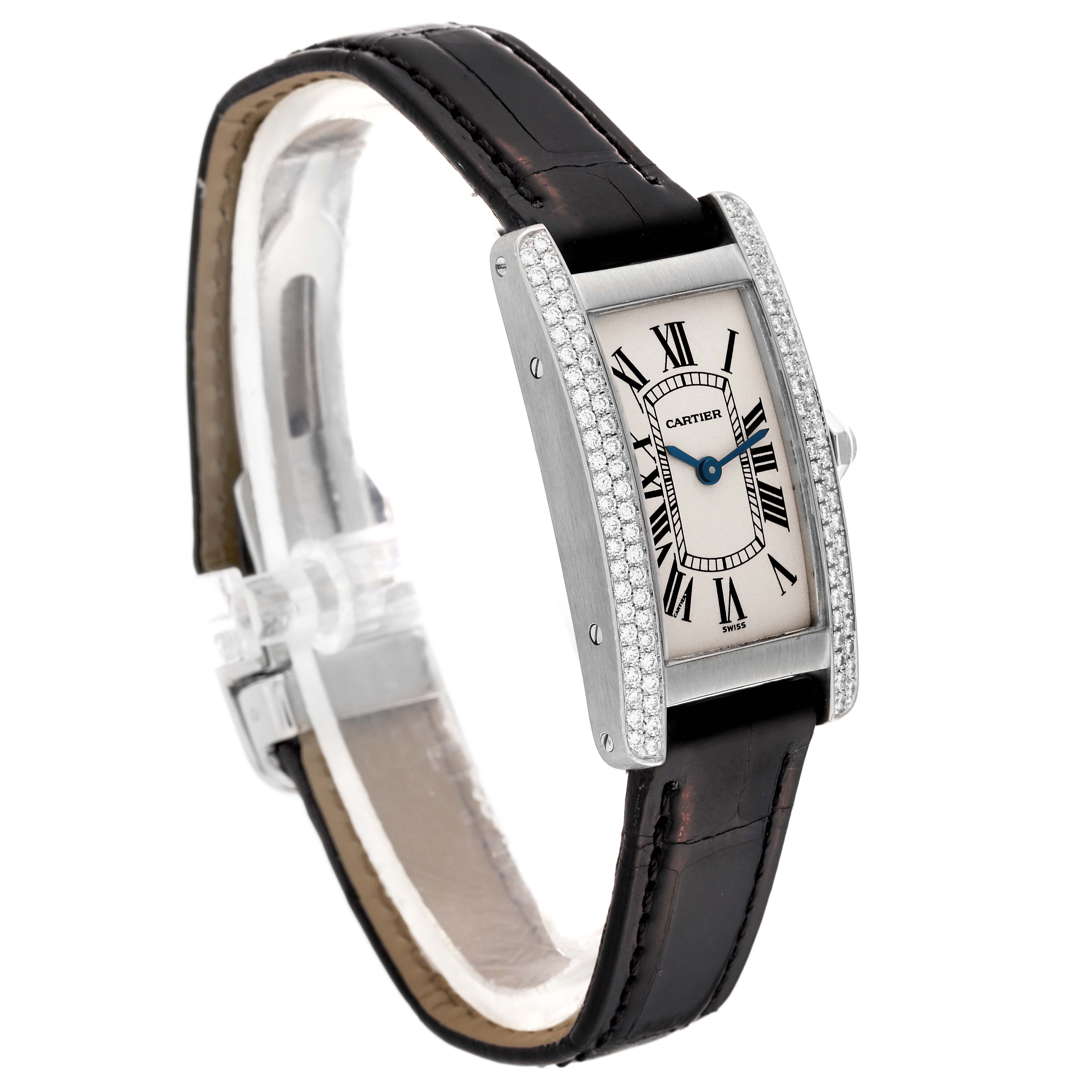 The Cartier Tank Americaine WB701851 Women's White Gold Silver Dial WB701851 Women's White Gold Silver Dial watch is shown at an angled side view, highlighting the face, strap, and diamond-accented bezel.