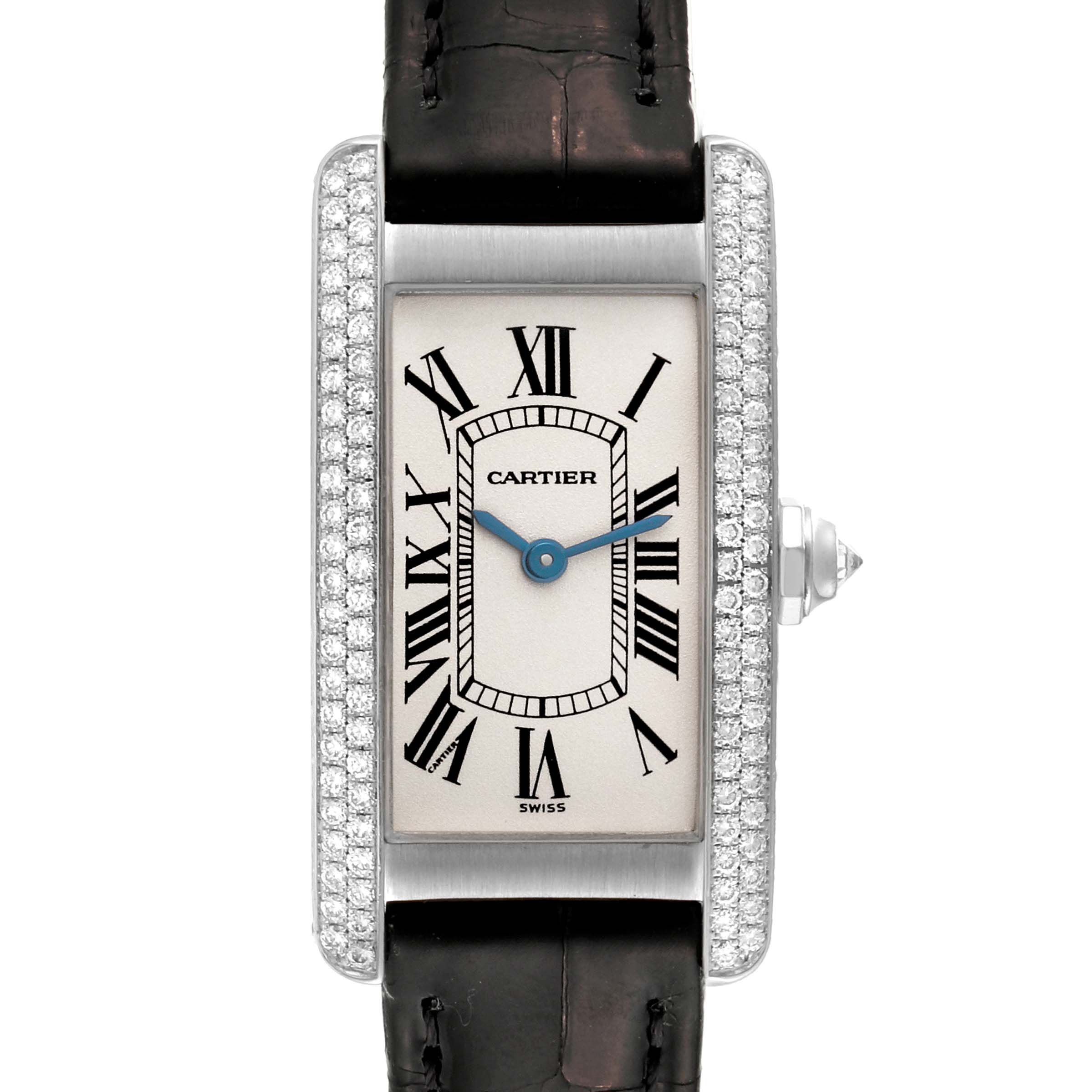The image shows a Cartier Tank Americaine WB701851 Women's White Gold Silver Dial WB701851 Women's White Gold Silver Dial watch from the front, displaying its rectangular face, Roman numerals, and a leather strap.