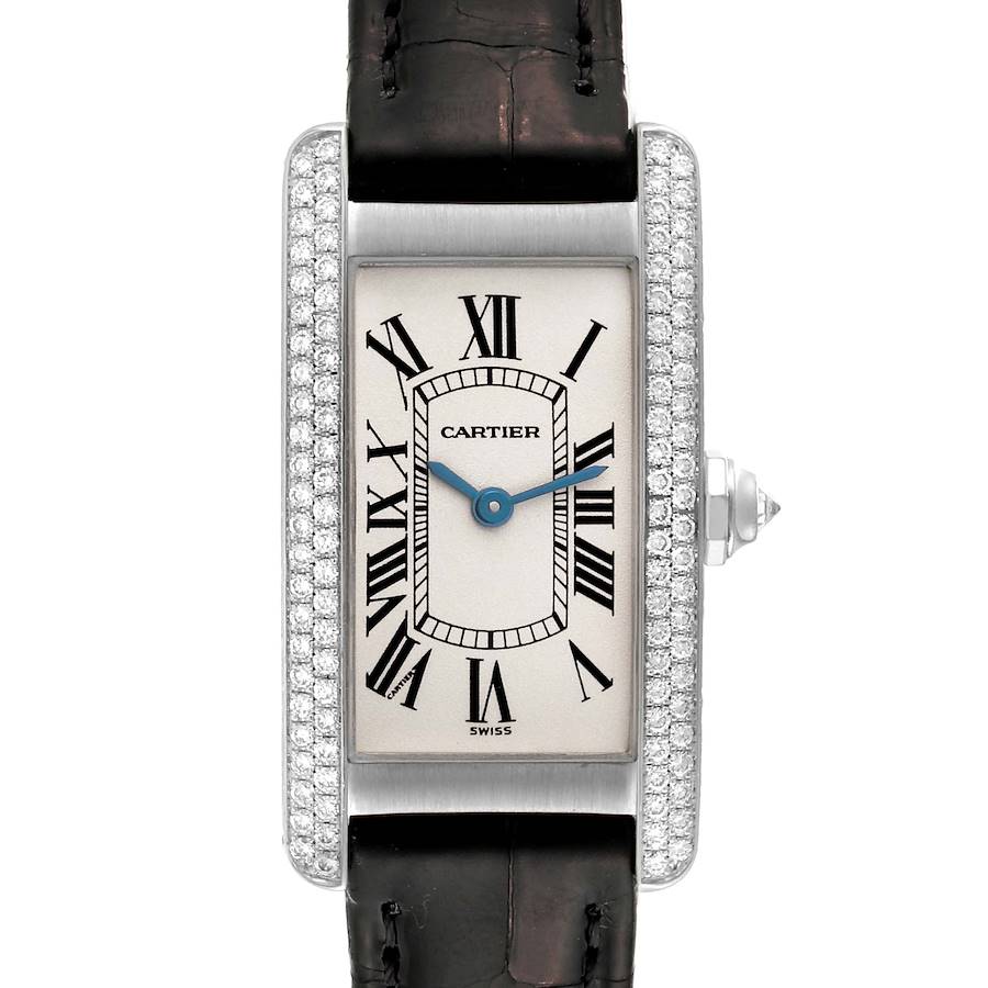 The image shows a Cartier Tank Americaine watch from the front, displaying its rectangular face, Roman numerals, and a leather strap.