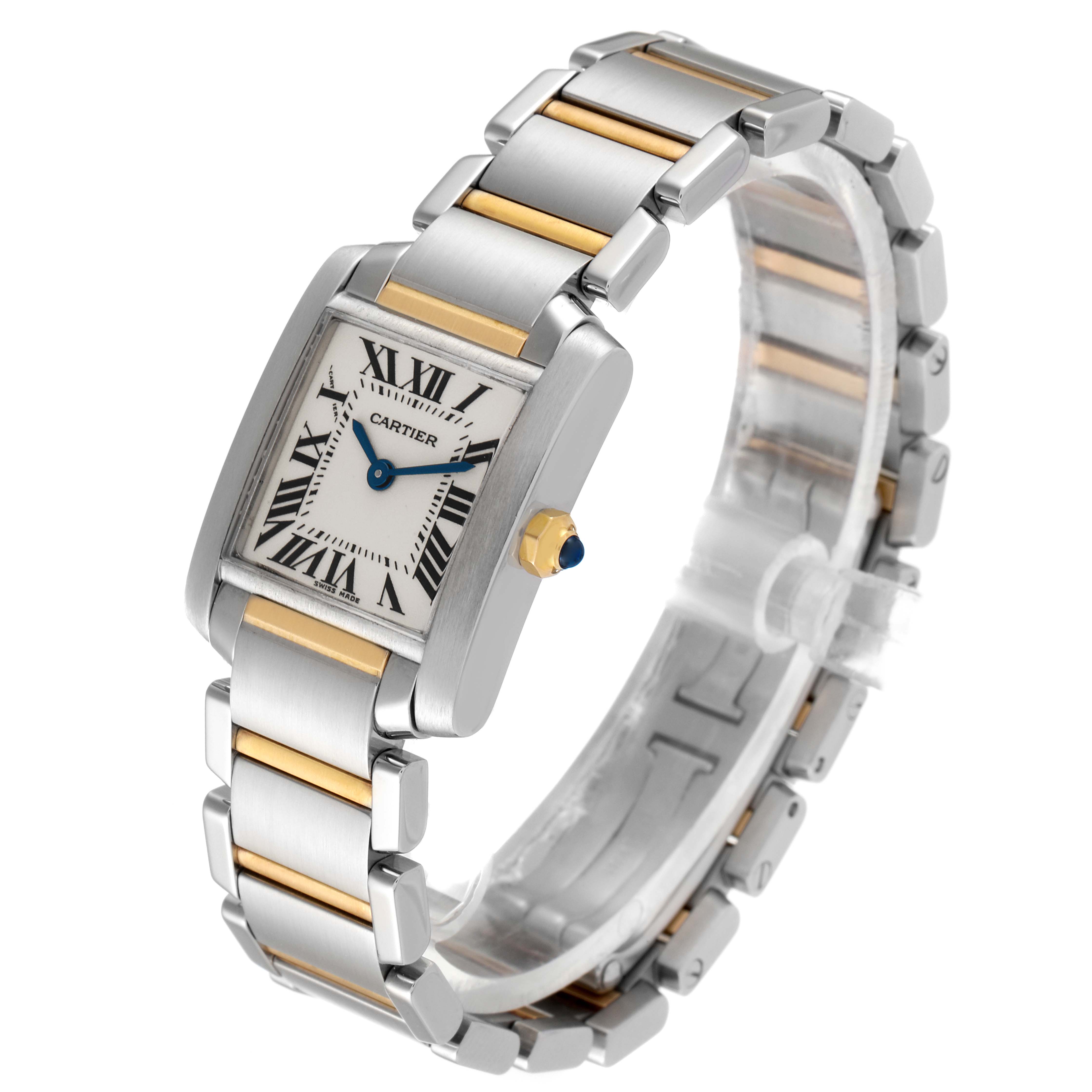 The Cartier Tank Francaise W51007Q4 Women's Steel and Gold (two tone) Silver Dial W51007Q4 Women's Steel and Gold (two tone) Silver Dial watch is shown from an angled top-down perspective, highlighting its face, bezel, and bracelet.