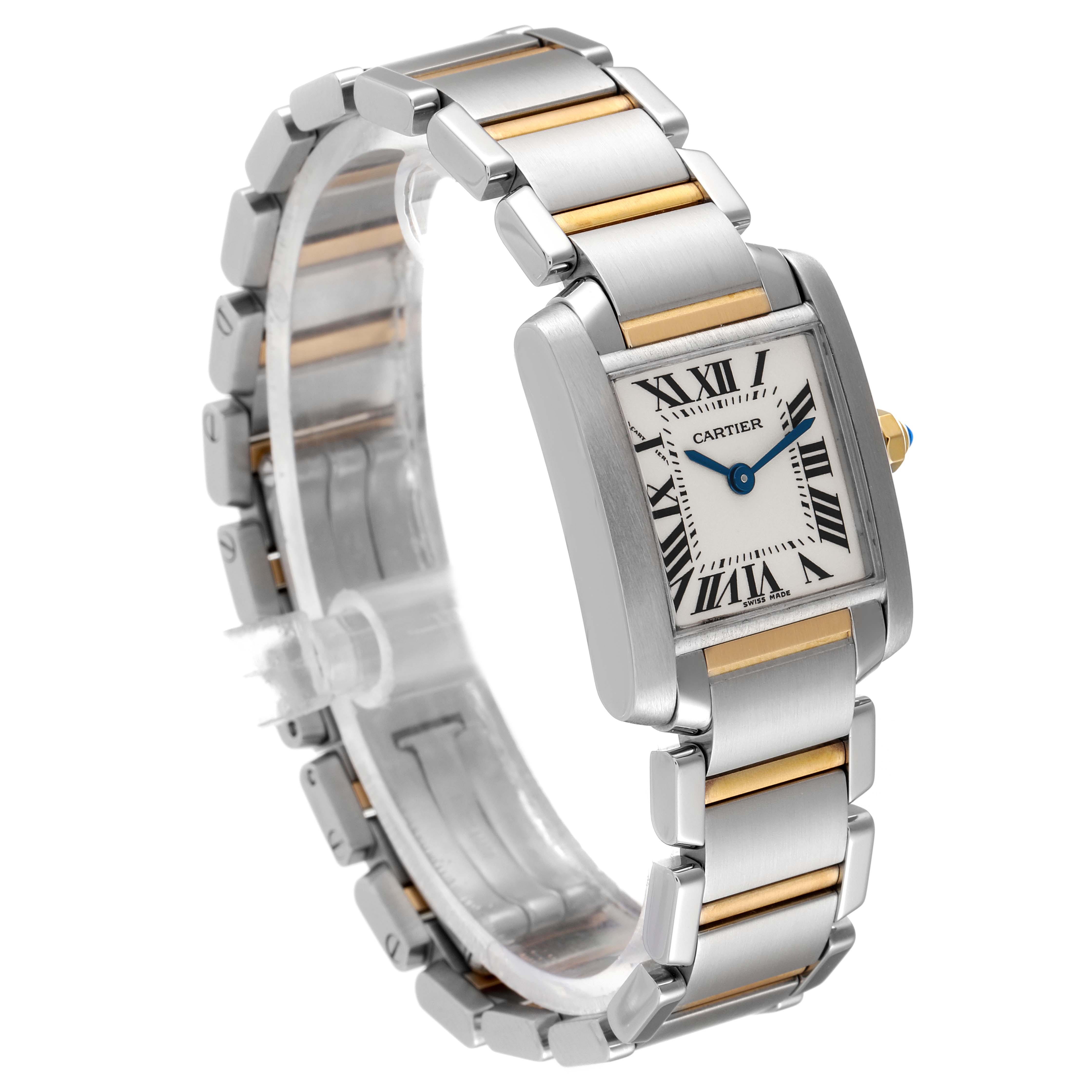 The Cartier Tank Francaise W51007Q4 Women's Steel and Gold (two tone) Silver Dial W51007Q4 Women's Steel and Gold (two tone) Silver Dial watch is shown at a three-quarter angle, highlighting its square face and two-tone metal bracelet.