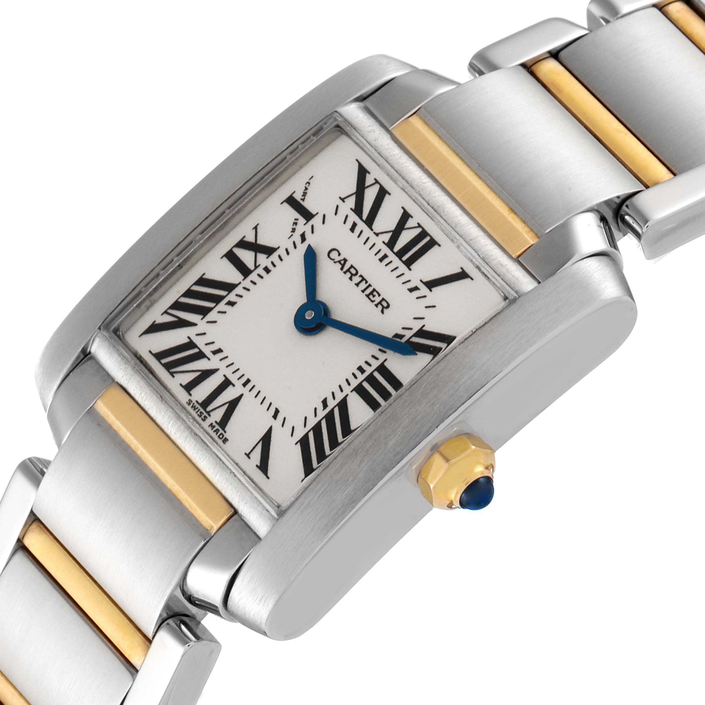 This image shows a close-up angle of a Cartier Tank Francaise W51007Q4 Women's Steel and Gold (two tone) Silver Dial W51007Q4 Women's Steel and Gold (two tone) Silver Dial watch, highlighting its rectangular face and bracelet.