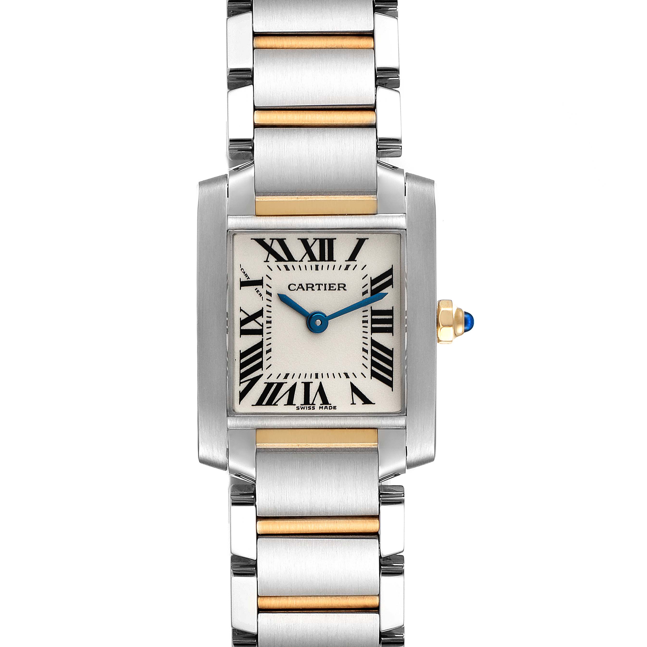 This Cartier Tank Francaise W51007Q4 Women's Steel and Gold (two tone) Silver Dial W51007Q4 Women's Steel and Gold (two tone) Silver Dial watch is shown from a front angle, displaying the silver and gold bracelet, rectangular case, and blue steel hands.