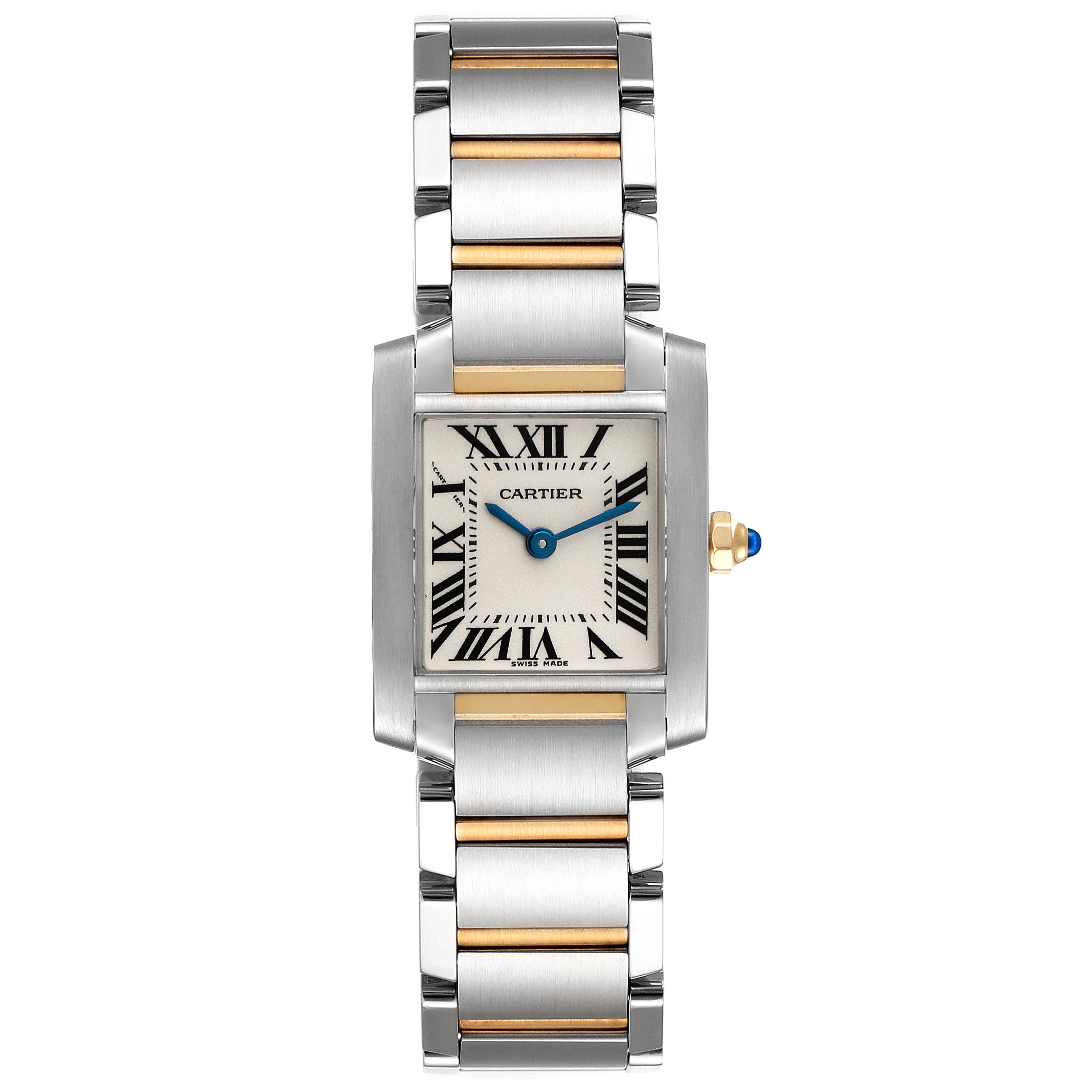 This is a front view of the Cartier Tank Francaise W51007Q4 Women's Steel and Gold (two tone) Silver Dial W51007Q4 Women's Steel and Gold (two tone) Silver Dial watch, showing its silver and gold two-tone bracelet and rectangular face with Roman numerals.