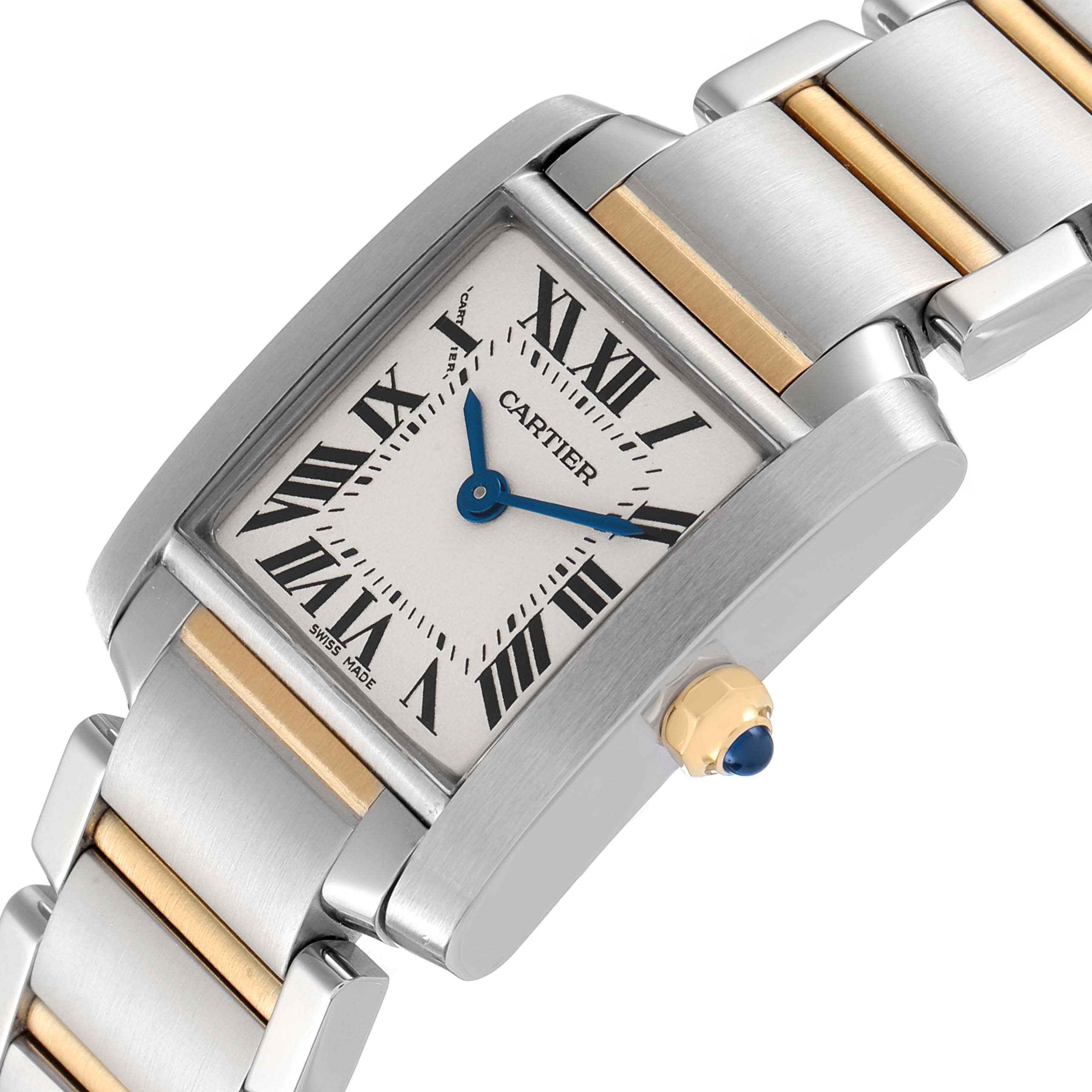 The Cartier Tank Francaise W51007Q4 Women's Steel and Gold (two tone) Silver Dial W51007Q4 Women's Steel and Gold (two tone) Silver Dial watch is shown at an oblique angle, highlighting its rectangular face, crown, and two-tone metal bracelet.