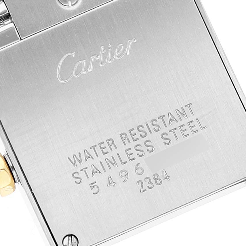 This image shows the back case of a Cartier Tank Francaise W51007Q4 Women's Steel and Gold (two tone) Silver Dial W51007Q4 Women's Steel and Gold (two tone) Silver Dial watch, highlighting the water resistance and stainless steel details.