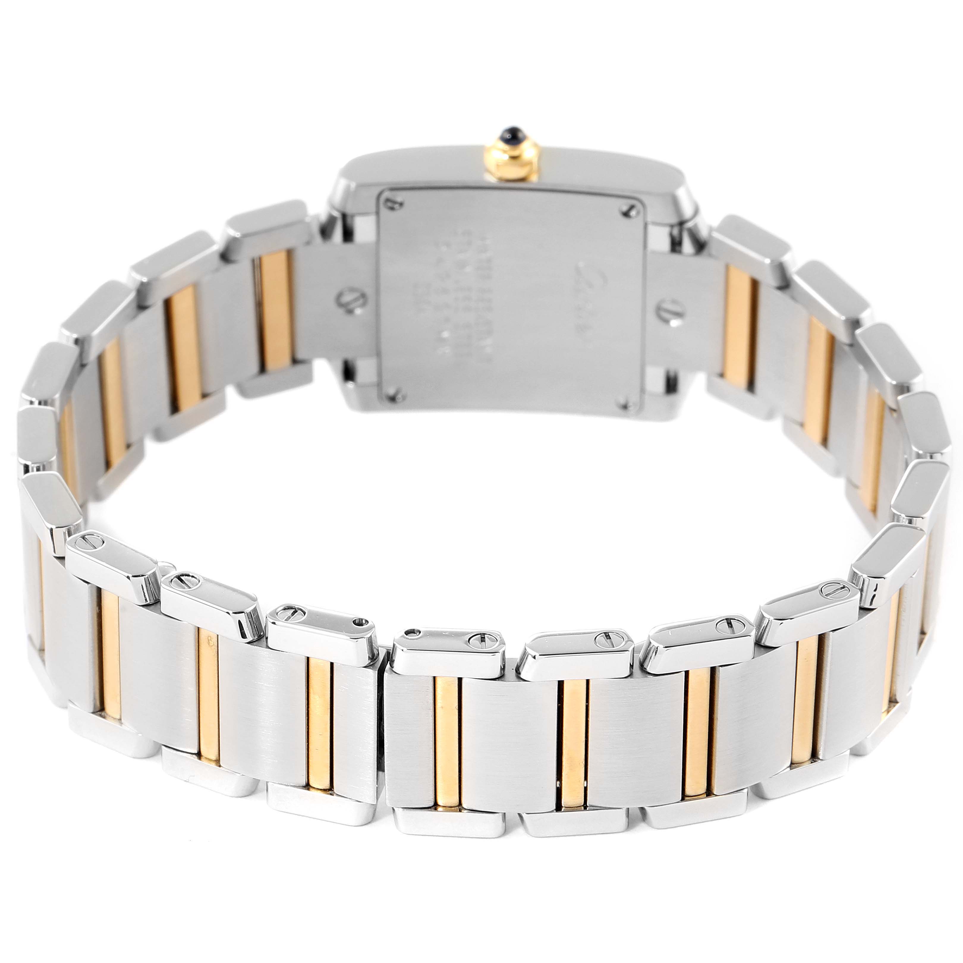 This image shows the back view of a Cartier Tank Francaise W51007Q4 Women's Steel and Gold (two tone) Silver Dial W51007Q4 Women's Steel and Gold (two tone) Silver Dial watch, highlighting its case back and two-tone bracelet.