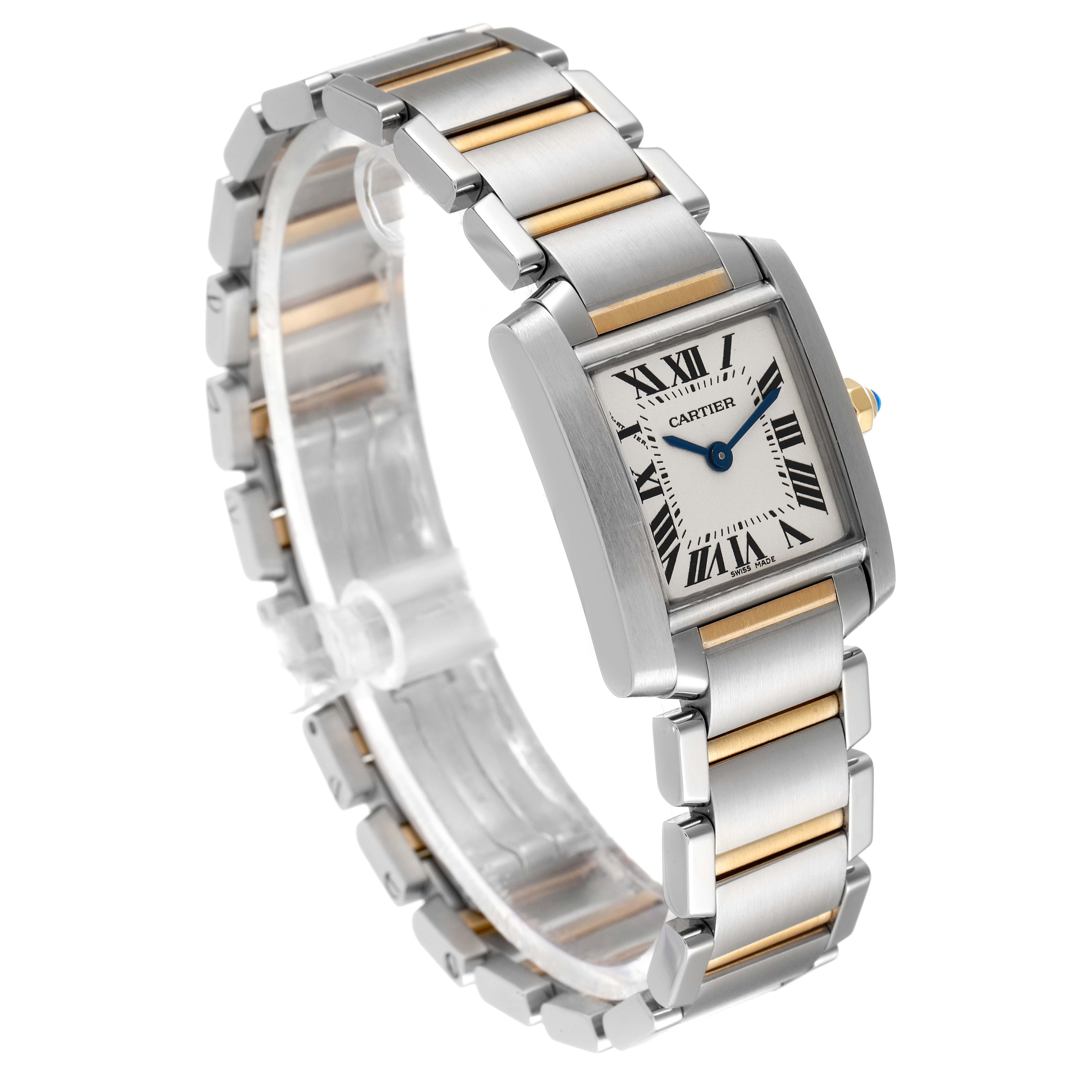 This image shows a side angle of the Cartier Tank Française watch, highlighting its face and metal bracelet.