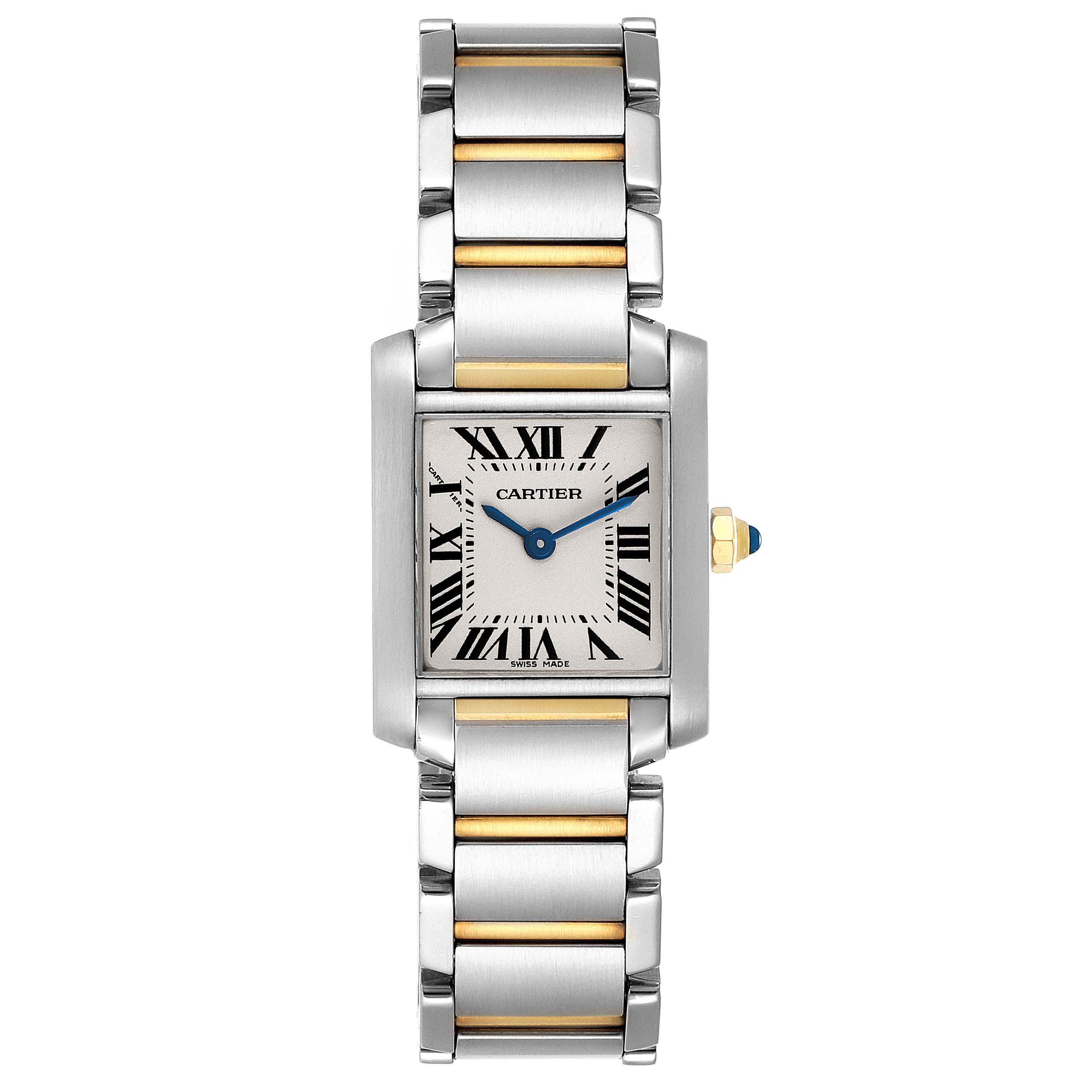 The image shows a Cartier Tank Française watch from a front angle, displaying its rectangular dial and metal bracelet with gold accents.