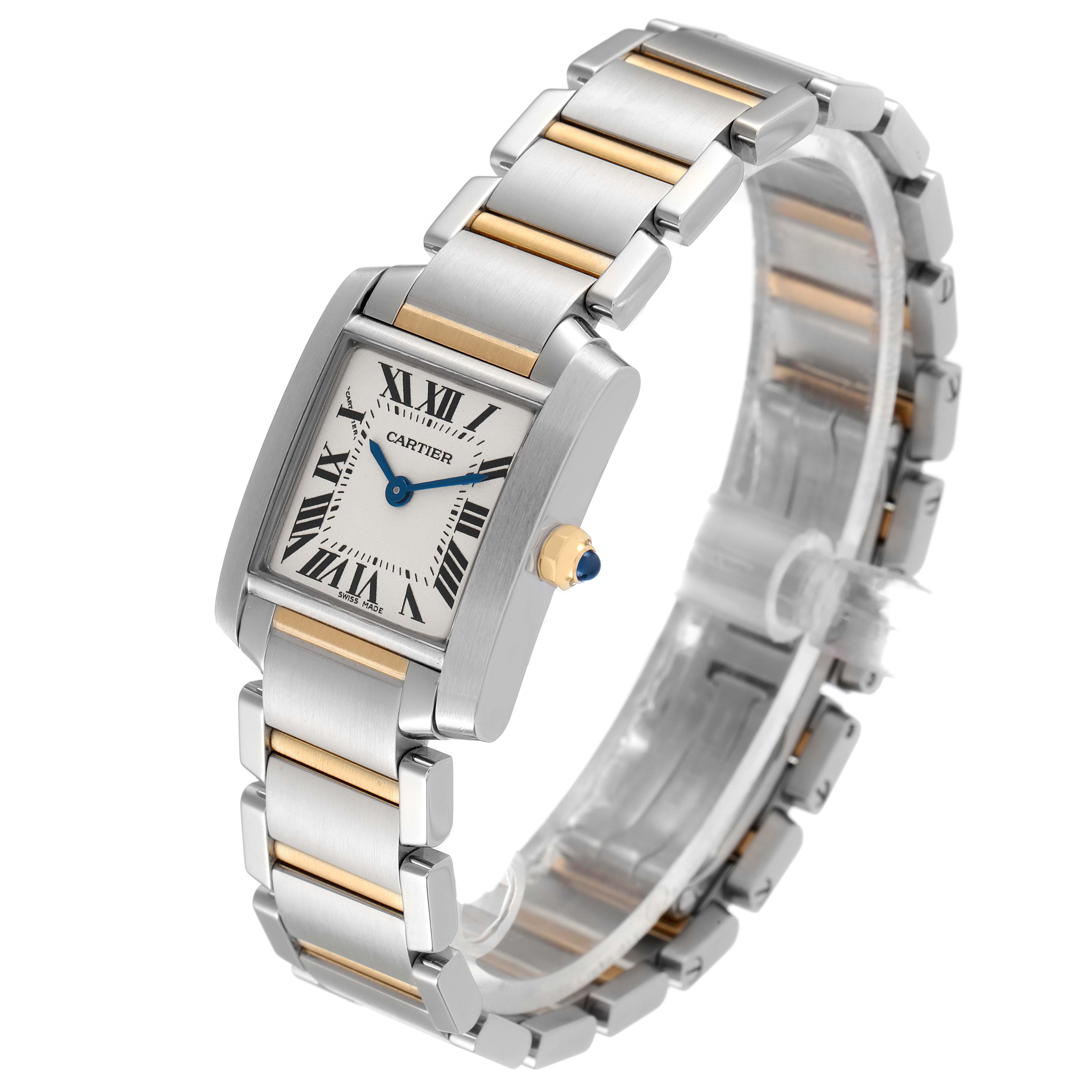 This image shows a Cartier Tank Francaise W51007Q4 Women's Steel and Gold (two tone) Silver Dial W51007Q4 Women's Steel and Gold (two tone) Silver Dial watch at a three-quarter angle, highlighting the face, bracelet, and crown.