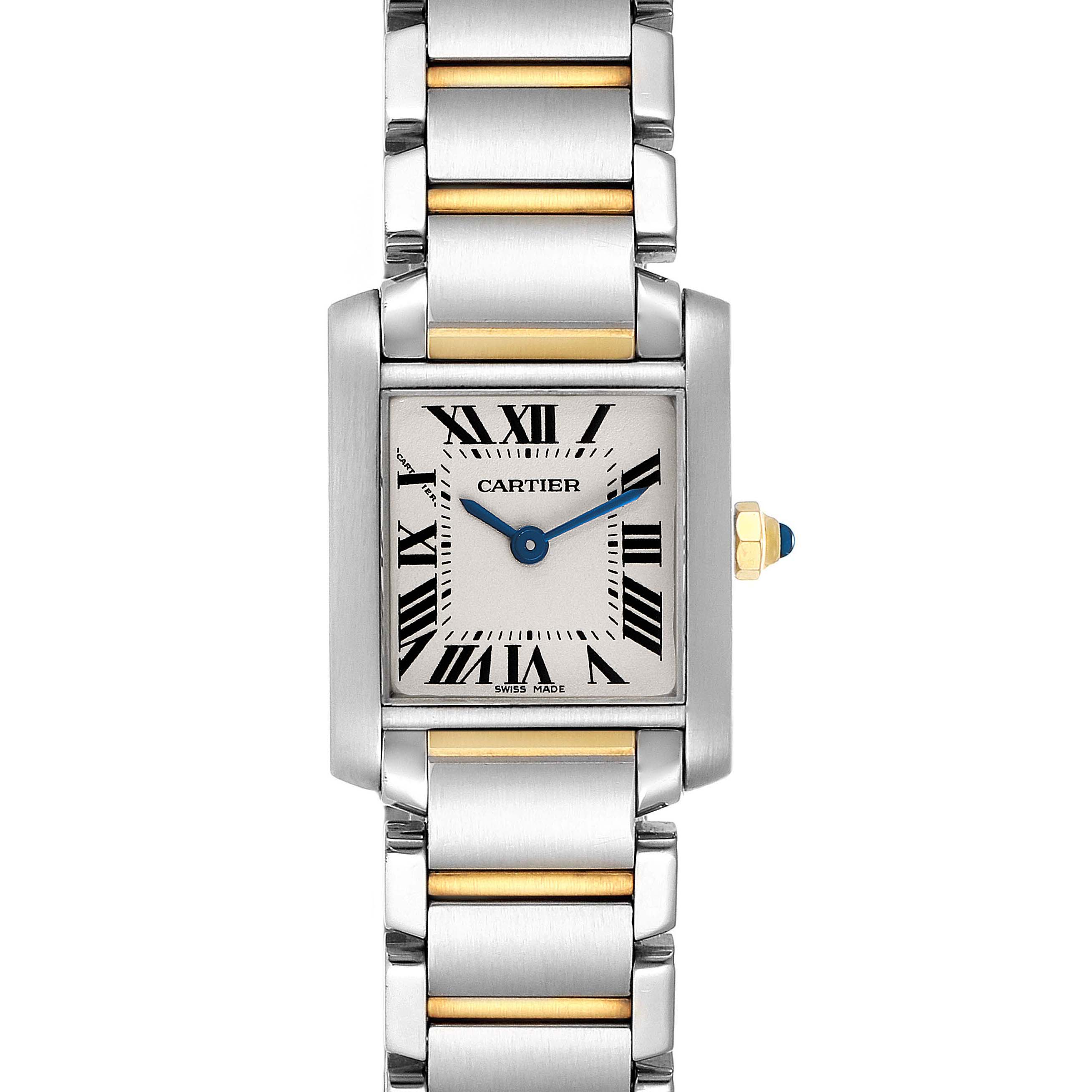 The image shows a front view of a Cartier Tank Francaise W51007Q4 Women's Steel and Gold (two tone) Silver Dial W51007Q4 Women's Steel and Gold (two tone) Silver Dial watch, highlighting its rectangular dial, bracelet, and Roman numerals.