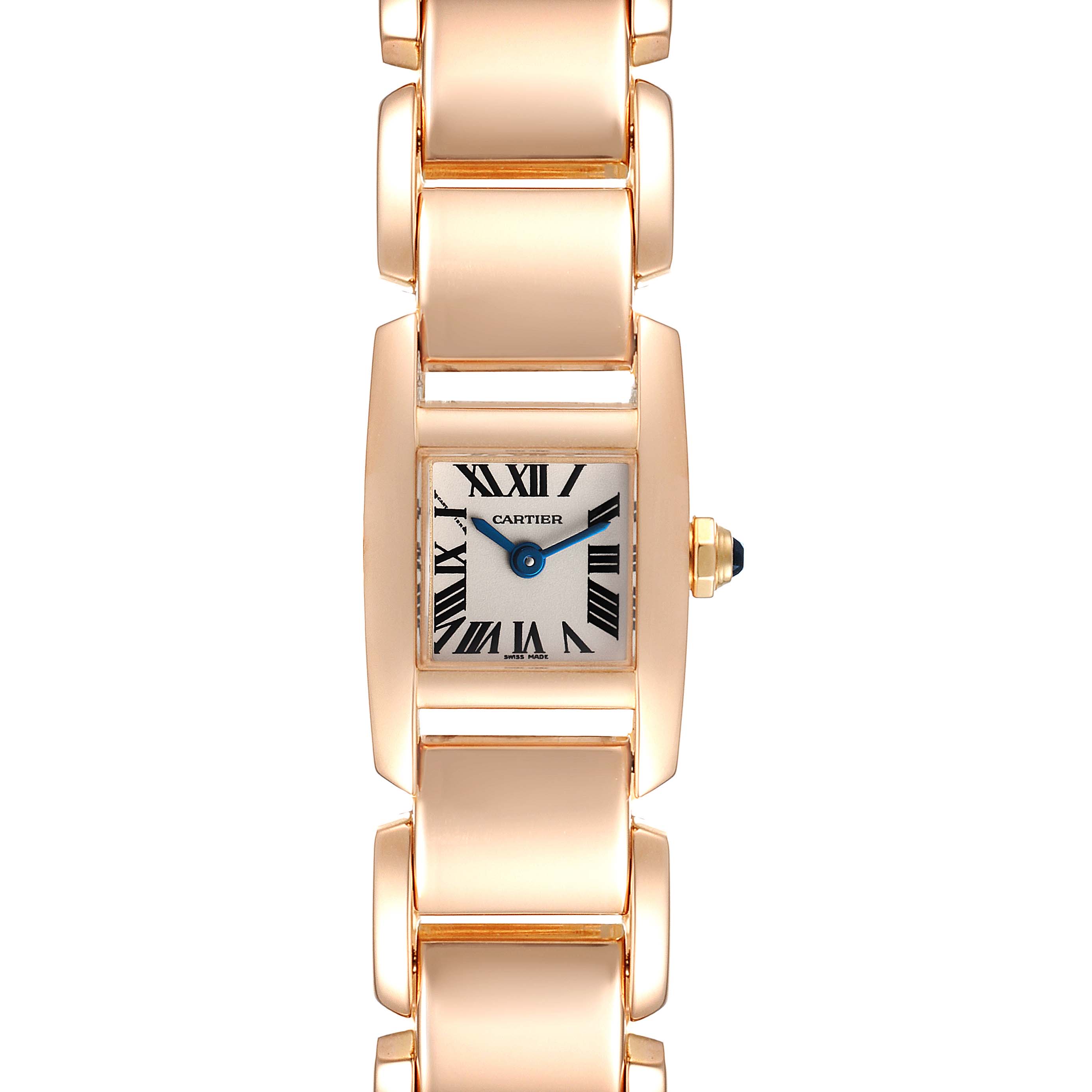 The image shows a top-down view of a Cartier Tankissime W650018H Women's Rose Gold Silver Dial W650018H Women's Rose Gold Silver Dial watch with its rectangular dial, Roman numerals, and metal bracelet.