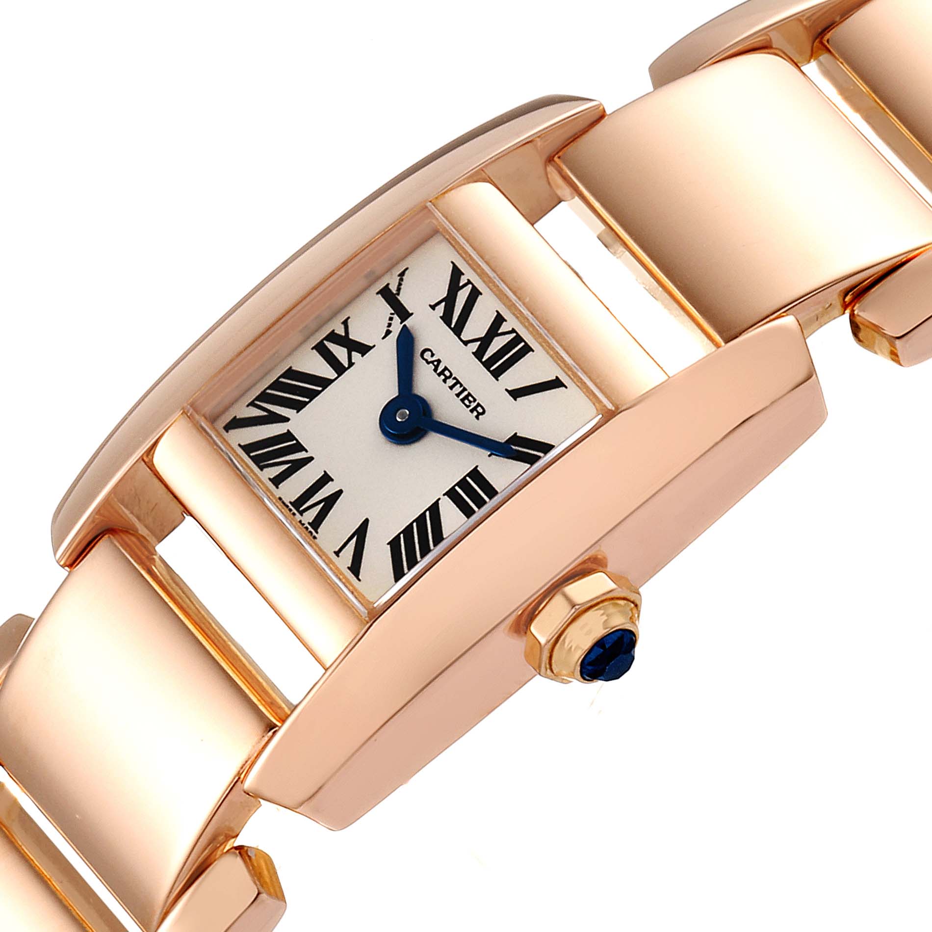 This image shows a close-up view of the Cartier Tankissime W650018H Women's Rose Gold Silver Dial W650018H Women's Rose Gold Silver Dial watch, highlighting its face, Roman numerals, and part of the bracelet.
