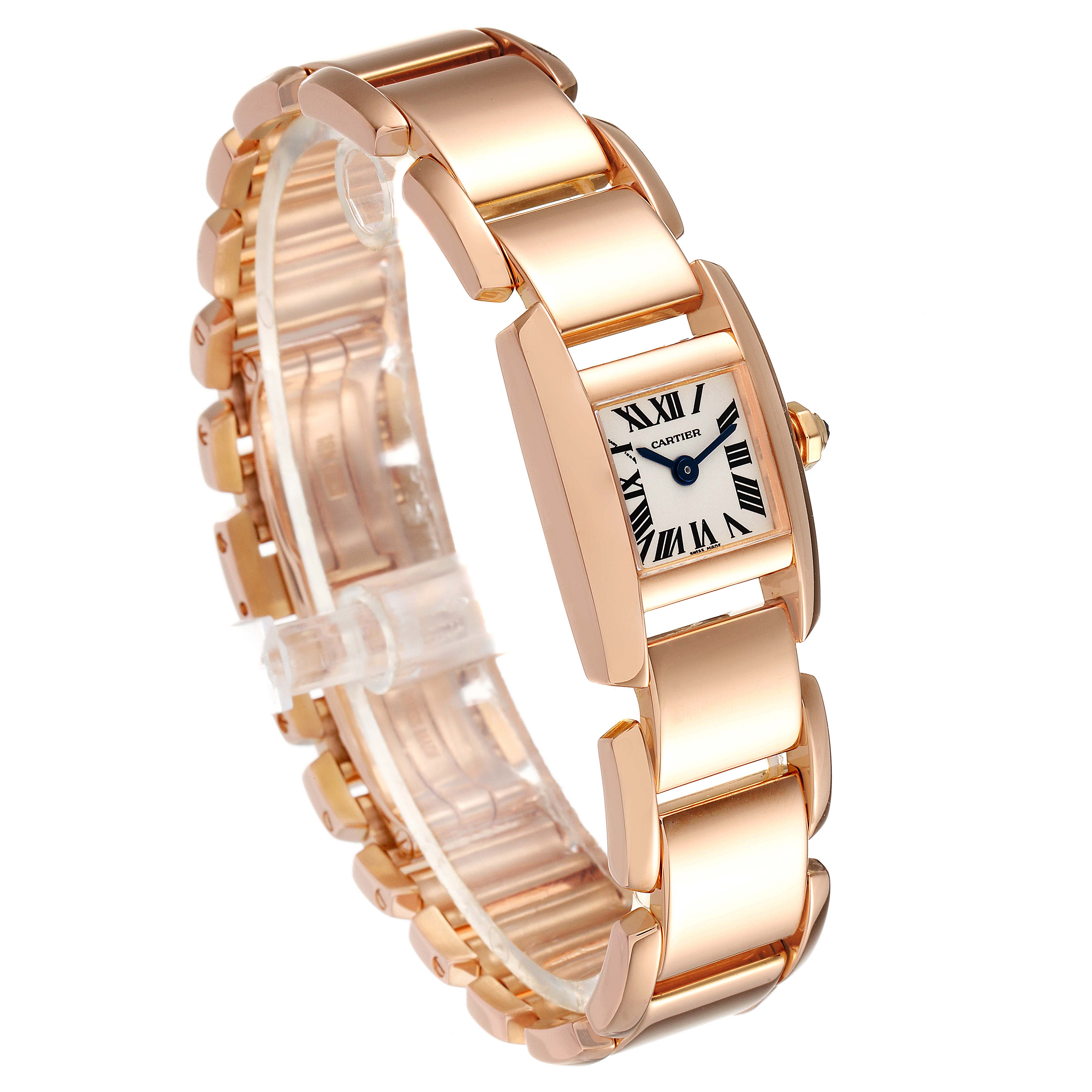 This image shows the Cartier Tankissime W650018H Women's Rose Gold Silver Dial W650018H Women's Rose Gold Silver Dial watch from a three-quarter angle, highlighting its rose gold case and bracelet.
