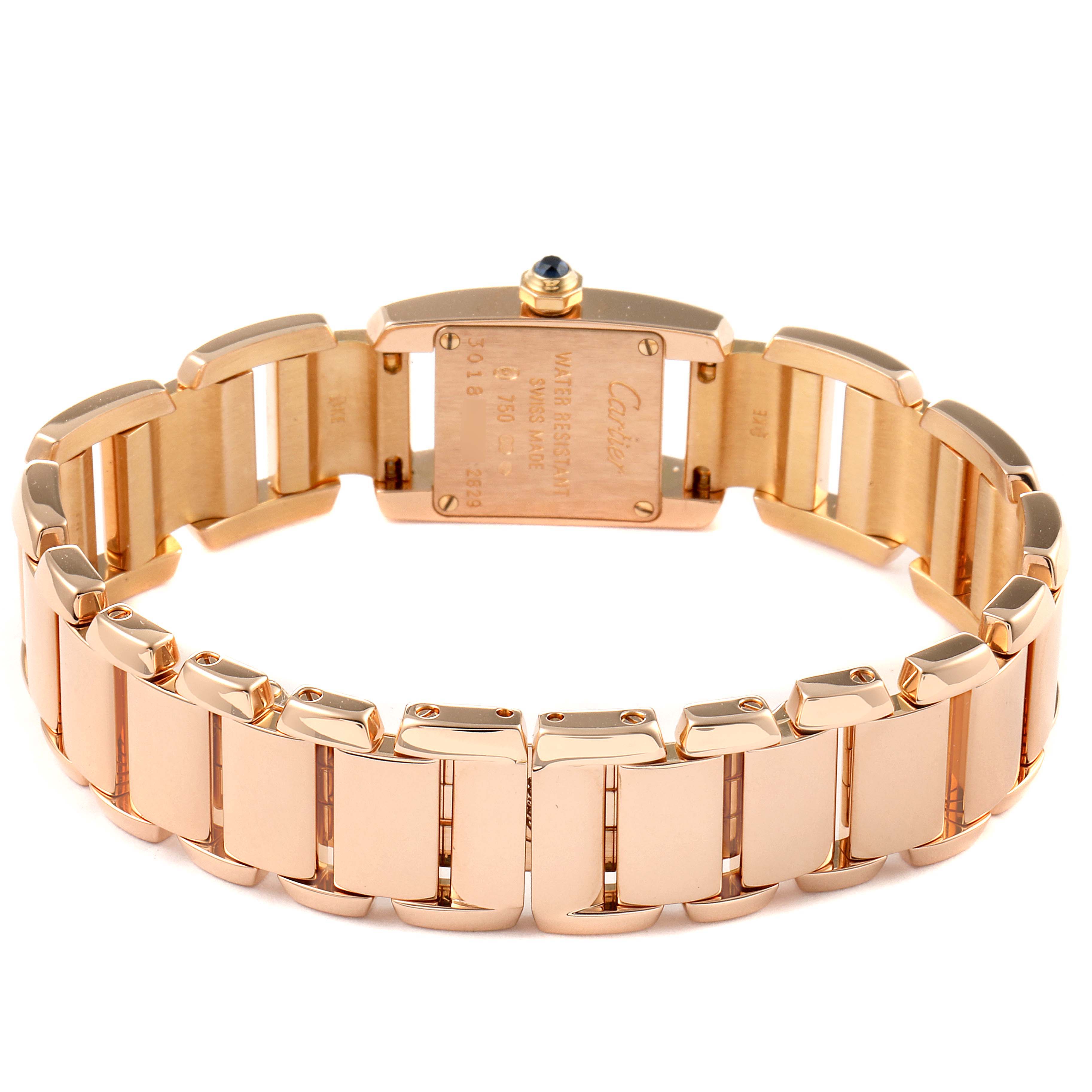 This image shows the reverse side and bracelet of the Cartier Tankissime W650018H Women's Rose Gold Silver Dial W650018H Women's Rose Gold Silver Dial watch, showcasing the case back details.