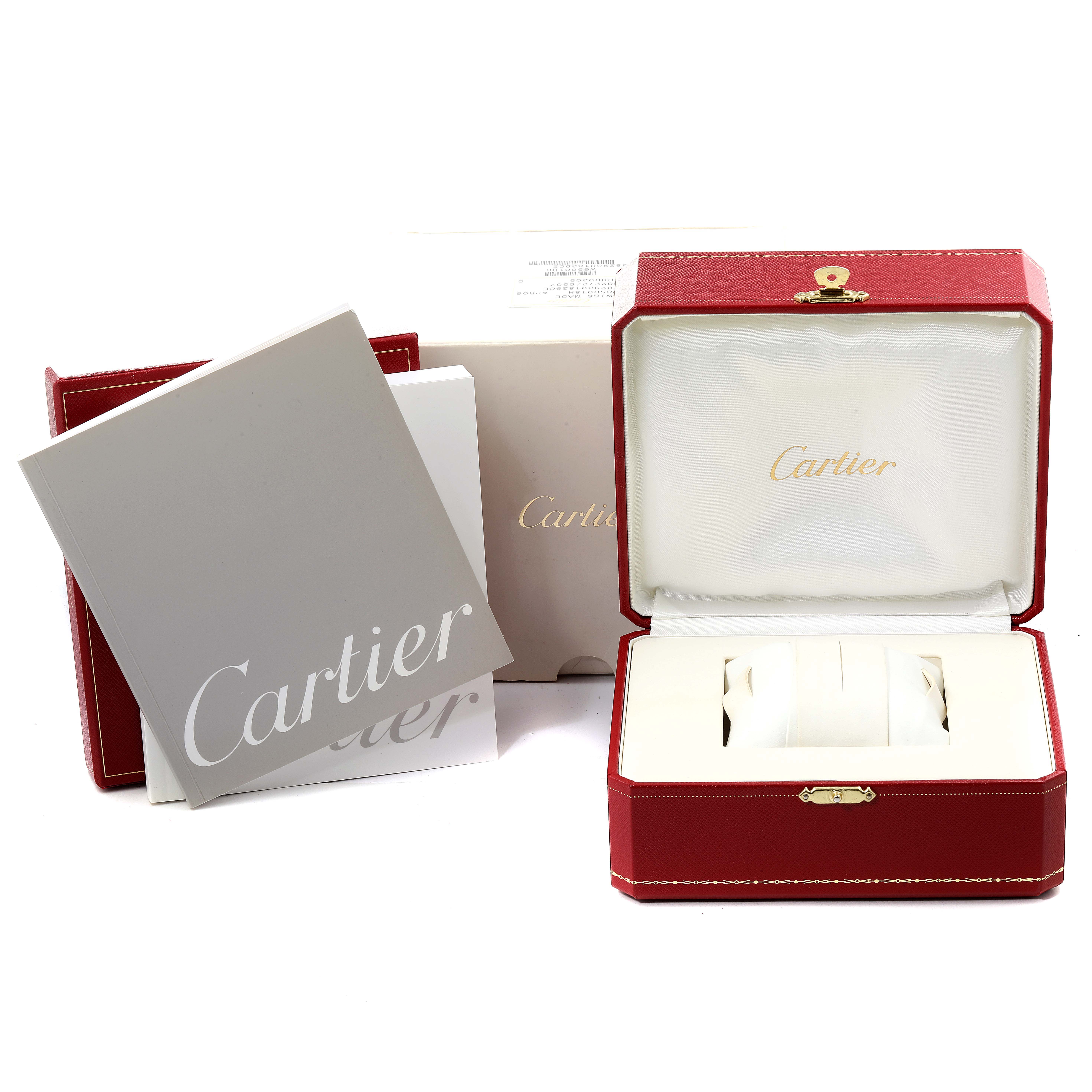 The image shows a Cartier Tankissime W650018H Women's Rose Gold Silver Dial W650018H Women's Rose Gold Silver Dial watch box, booklet, and outer box from a frontal angle.