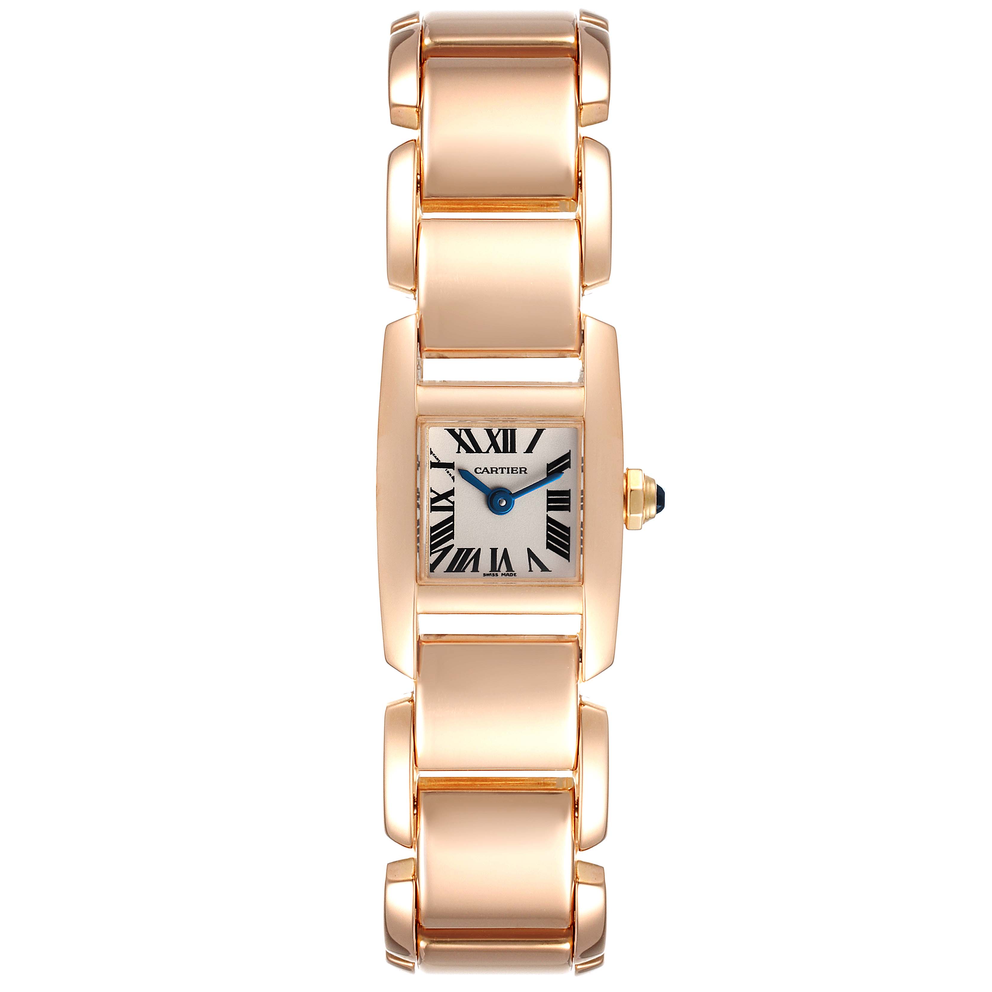 The Cartier Tankissime W650018H Women's Rose Gold Silver Dial W650018H Women's Rose Gold Silver Dial model watch is shown from a top-down angle, highlighting its rectangular face and metal link bracelet.